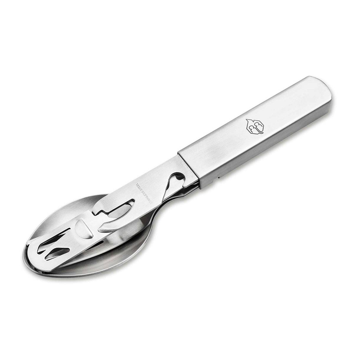 Ein Edelstahl-Mehrzweck-Campingwerkzeug mit Löffel, Gabel und Flaschenöffner, entwickelt für kompaktes Essens im Freien.