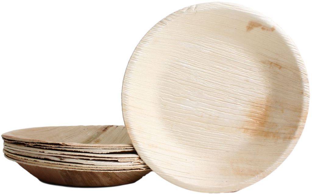 Ein Stapel runder, umweltfreundlicher Teller aus biologisch abbaubarem, strukturiertem Material, das nachhaltiges Einweg-Tafelgeschirr hervorhebt.