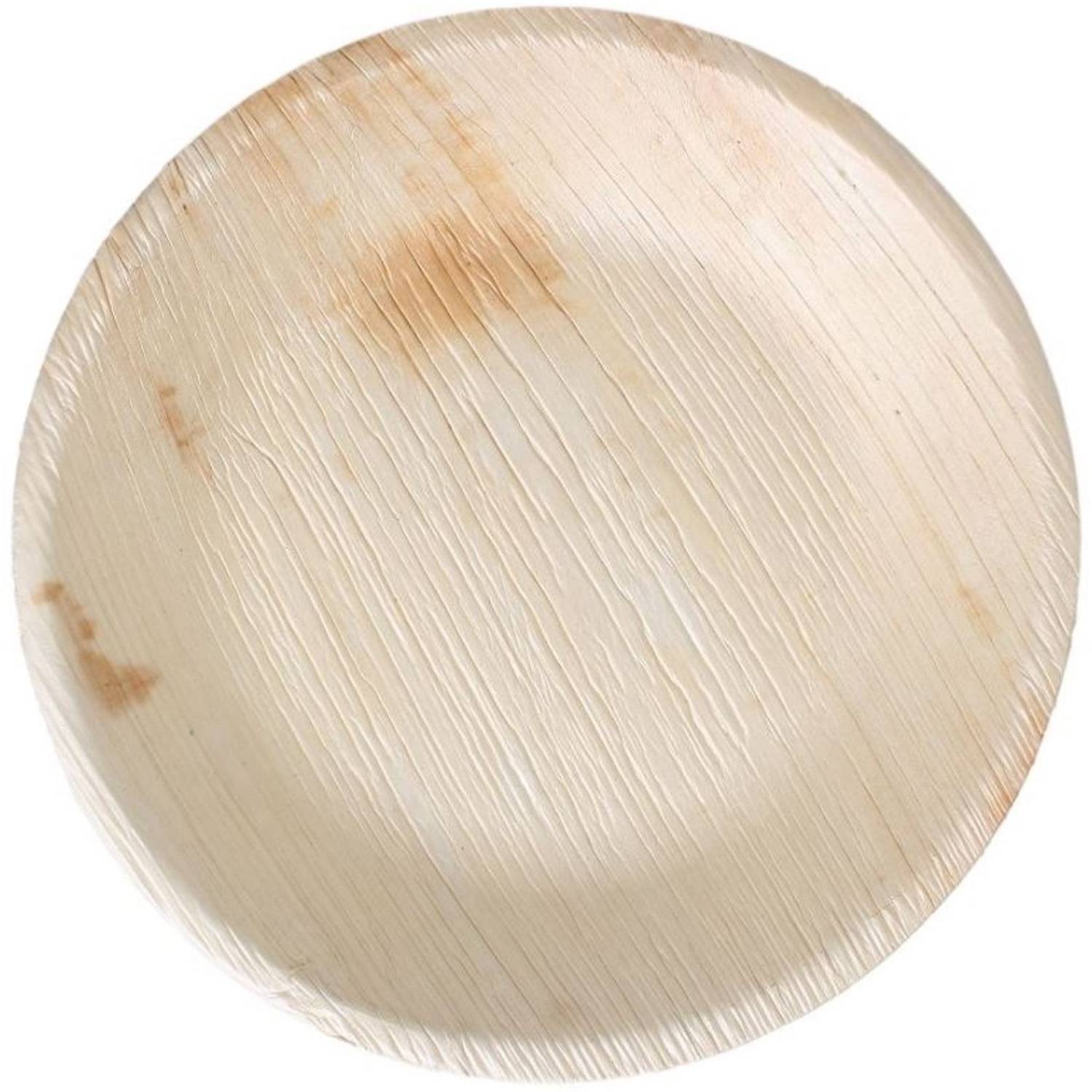 Ein runder, beigefarbener Einwegteller aus umweltfreundlichem Material mit einer strukturierten Oberfläche und natürlichen Farbvariationen.