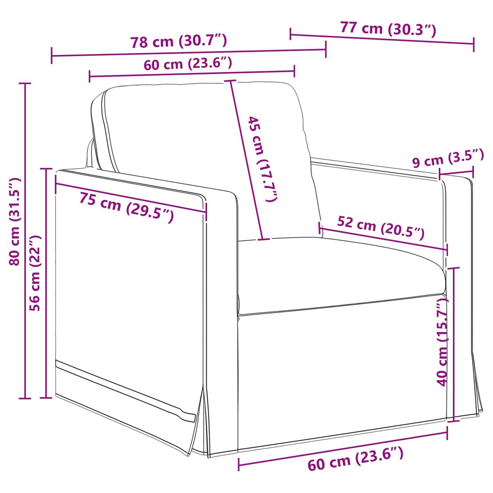 Diagramm einer Sessel-Seitenansicht mit Abmessungen: Höhe 80 cm, Breite 77 cm, Tiefe 84 cm, Sitztieife 56 cm, Armlehnen­höhe 54 cm.
