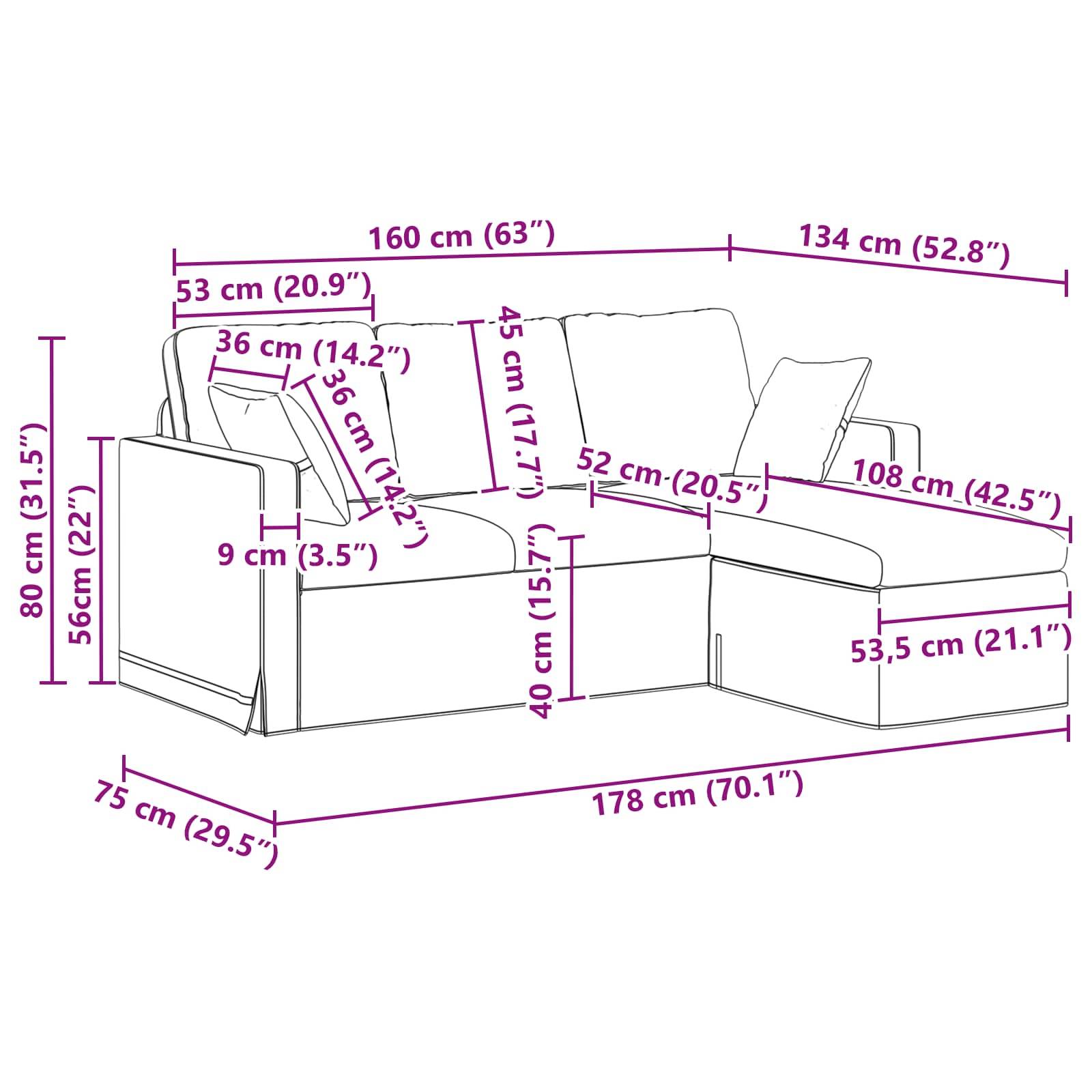 Abmessungen des L-förmigen Sofas: 160 cm (63
