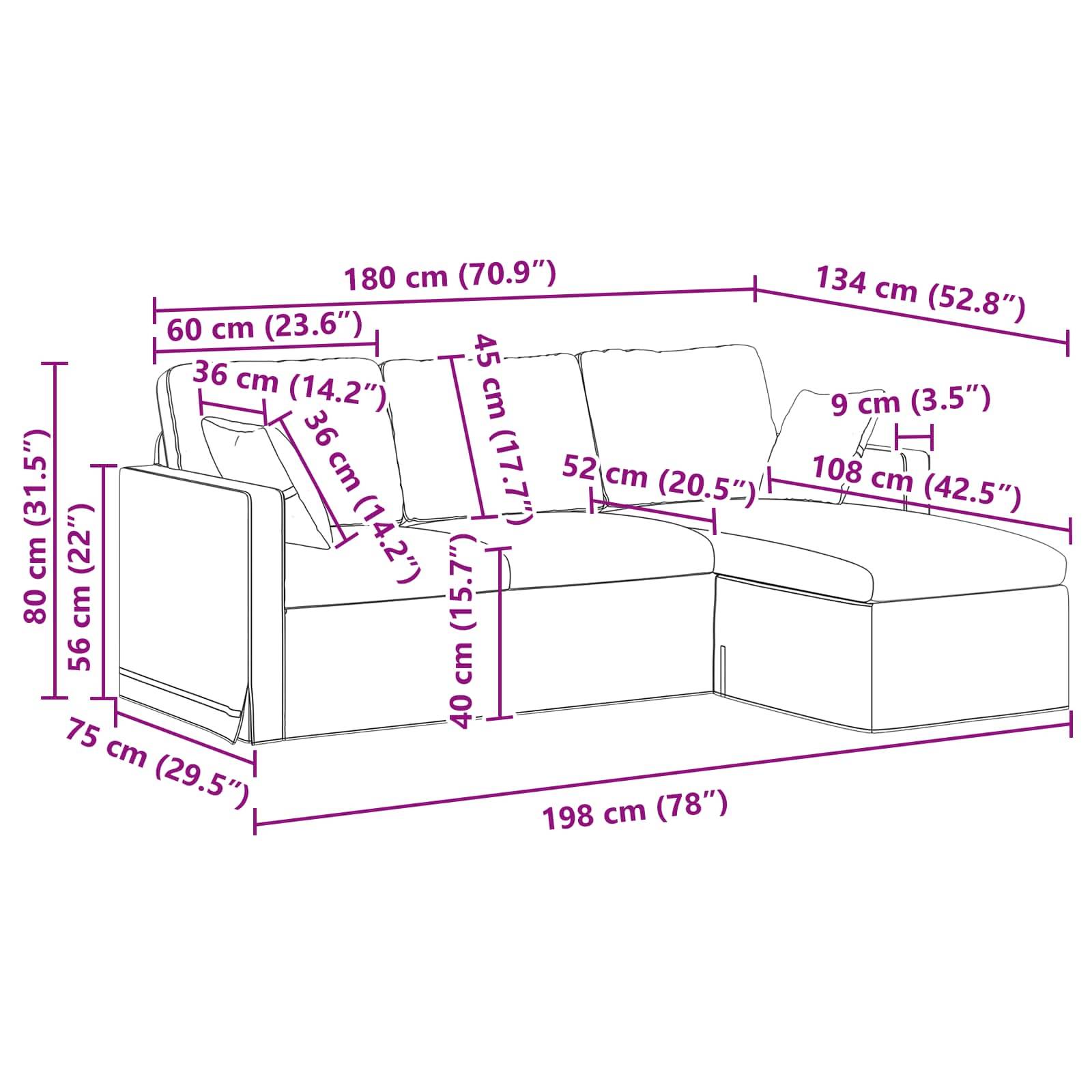 Abmessungen des L-förmigen Sofas: Rückenlehne 80 cm (31,5