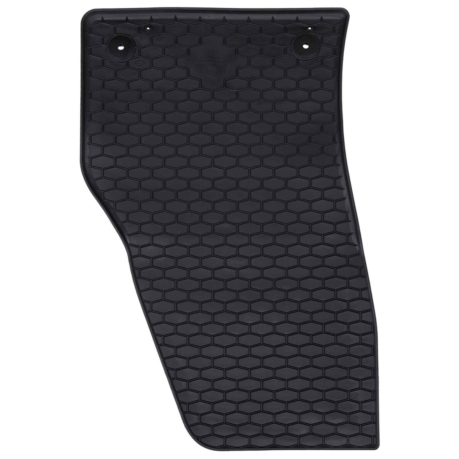 Eine schwarze Autofußmatte mit einem sechseckigen Muster, das für Langlebigkeit und Griffigkeit konzipiert ist.