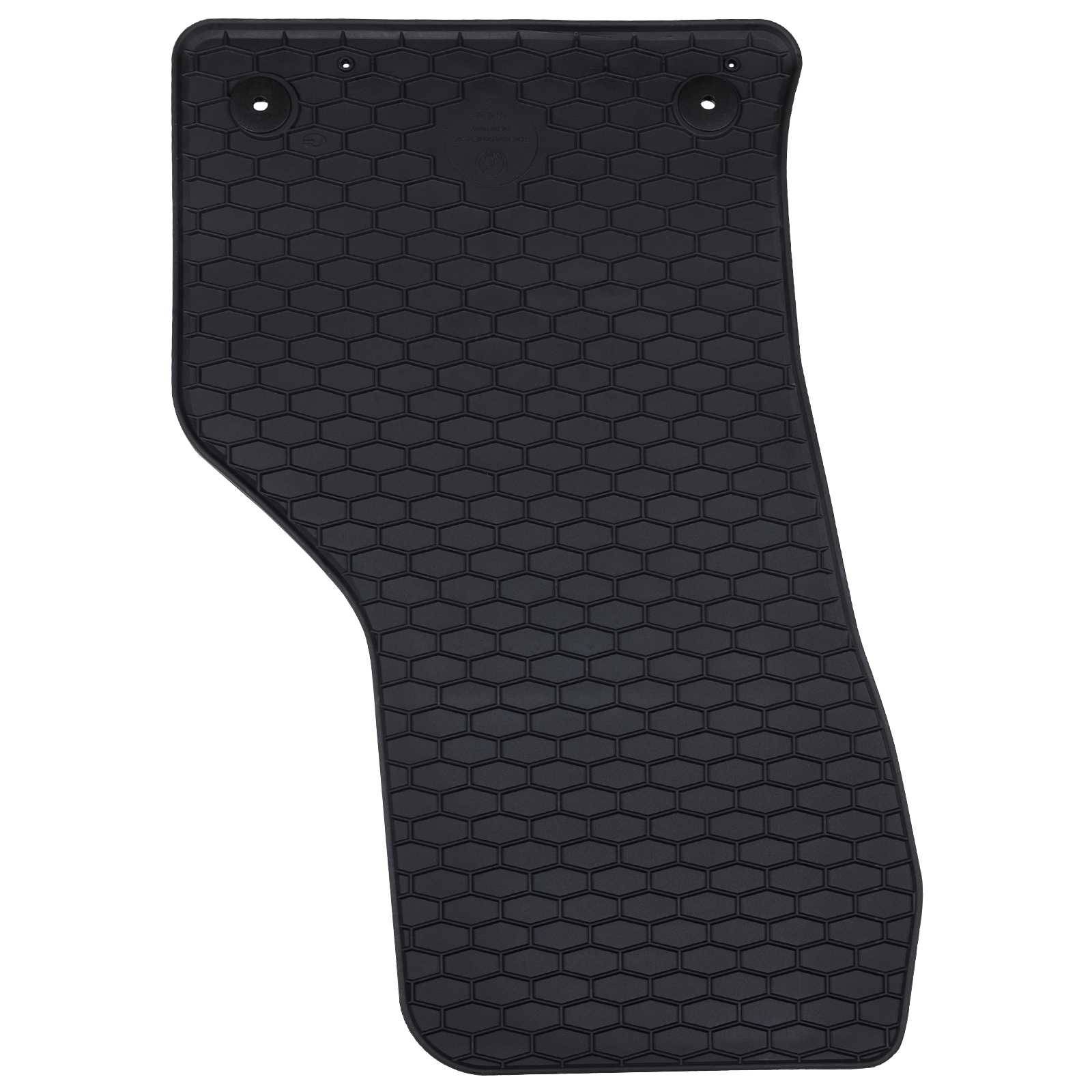Eine schwarze Autofußmatte mit Sechskant-Muster und zwei Befestigungslöchern, speziell für den Fußraum eines bestimmten Fahrzeugmodells konzipiert.