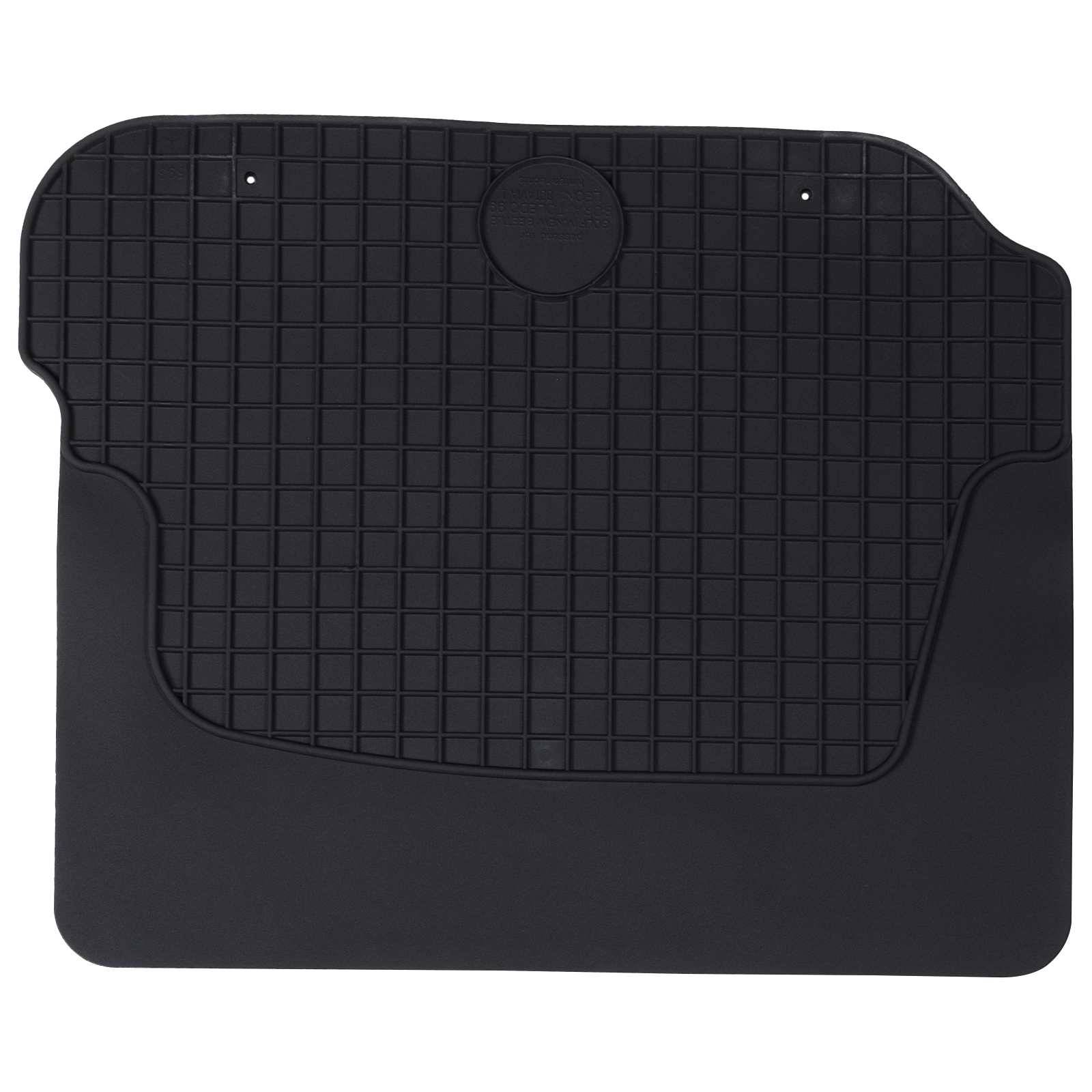 Eine rechteckige schwarze Gummifußmatte mit strukturierter Oberfläche und abgerundeten Kanten, entwickelt für Schutz und Griffigkeit in einem Fahrzeug.