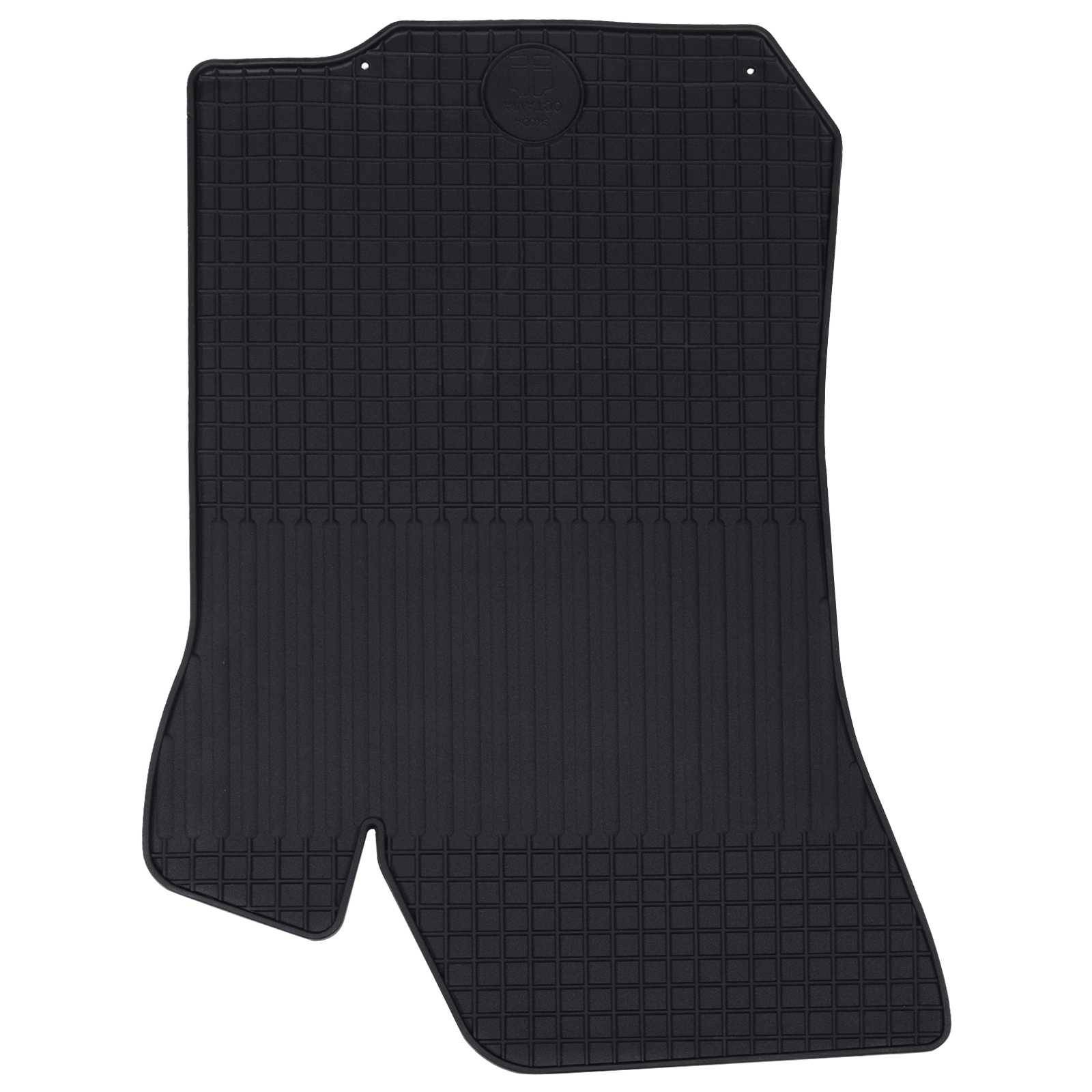 Eine schwarze Gummi-Autofußmatte mit strukturiertem Muster, die für den Bodenbereich konzipiert ist und Schutz vor Schmutz und Feuchtigkeit bietet.