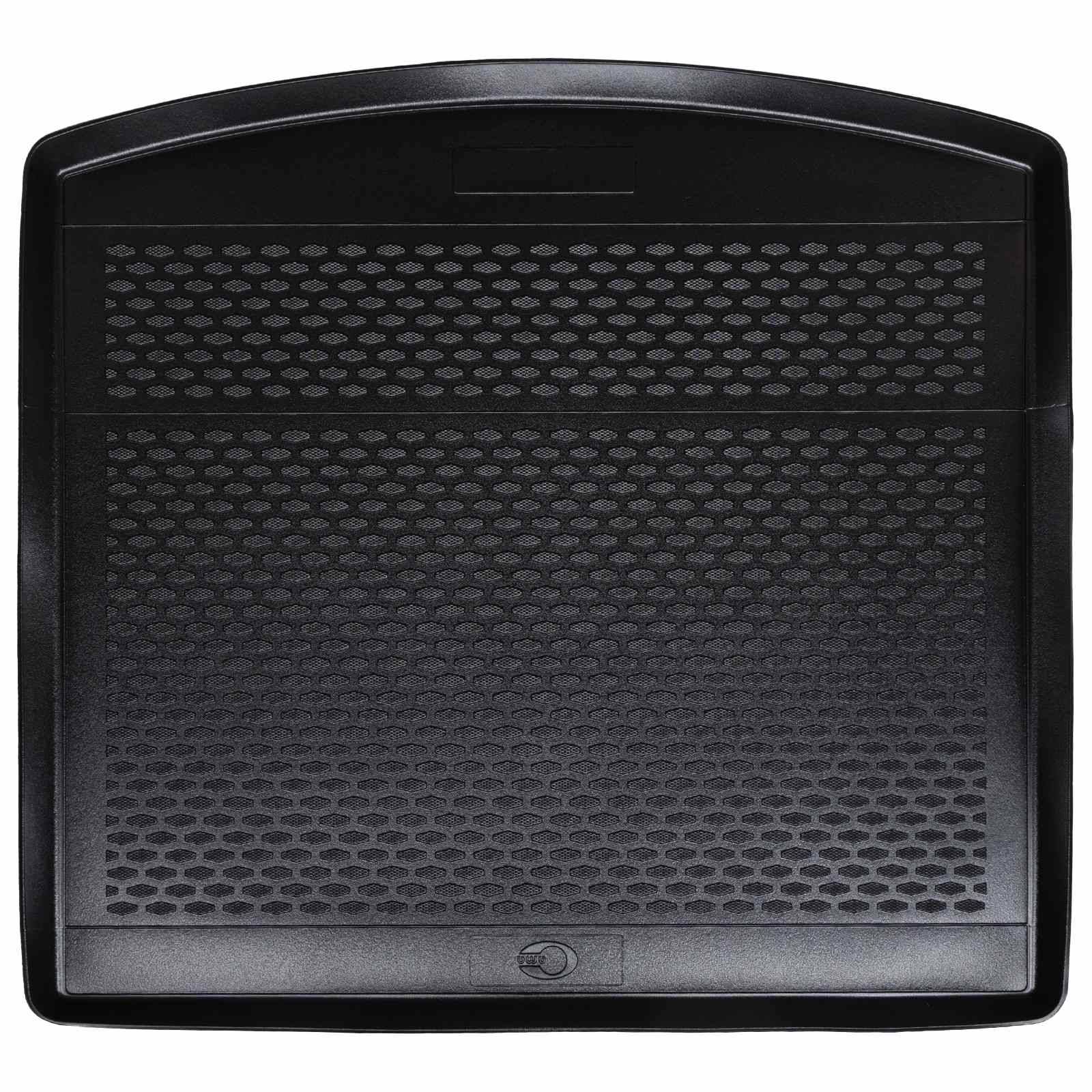 Ein schwarzes Laptop-Kühlpad mit Wabendesign für Luftzirkulation.