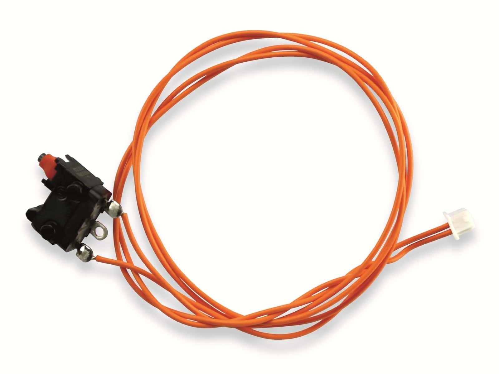 Ein oranges Kabel, das um eine kleine schwarze Komponente geschlungen ist, möglicherweise ein elektronischer Stecker oder Schalter.
