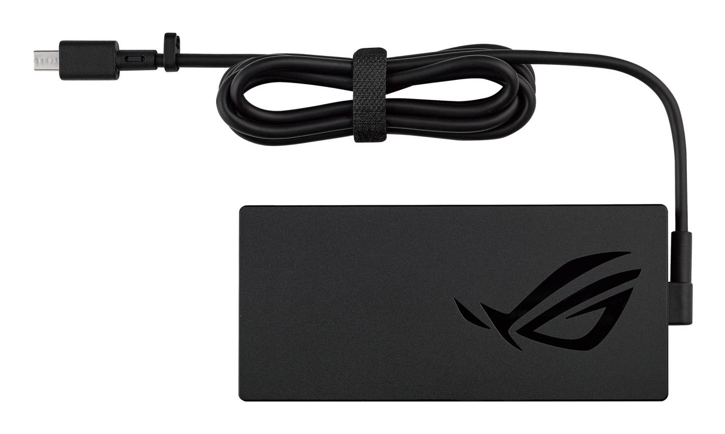 Ein aufgerolltes schwarzes Kabel mit einem Riemen neben einem schwarzen rechteckigen Objekt, das ein abstraktes Logo anzeigt.