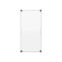 Ein rechteckiges Whiteboard mit abgerundeten Ecken und roten Befestigungspunkten an jeder Ecke.