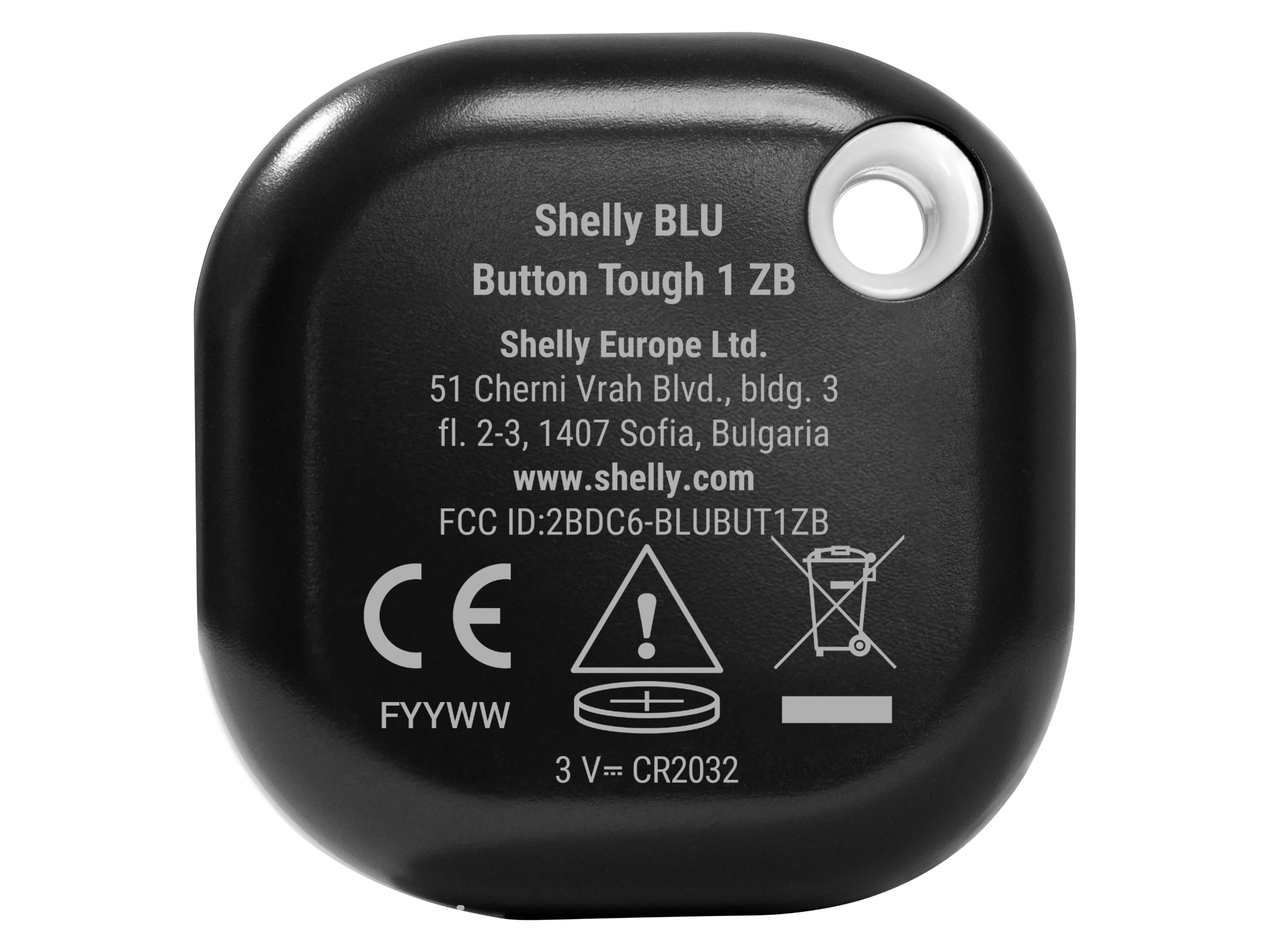 Ein kleines, beiges quadratisches elektronisches Gerät mit der Bezeichnung „Shelly BLU Button Tough 1 ZB