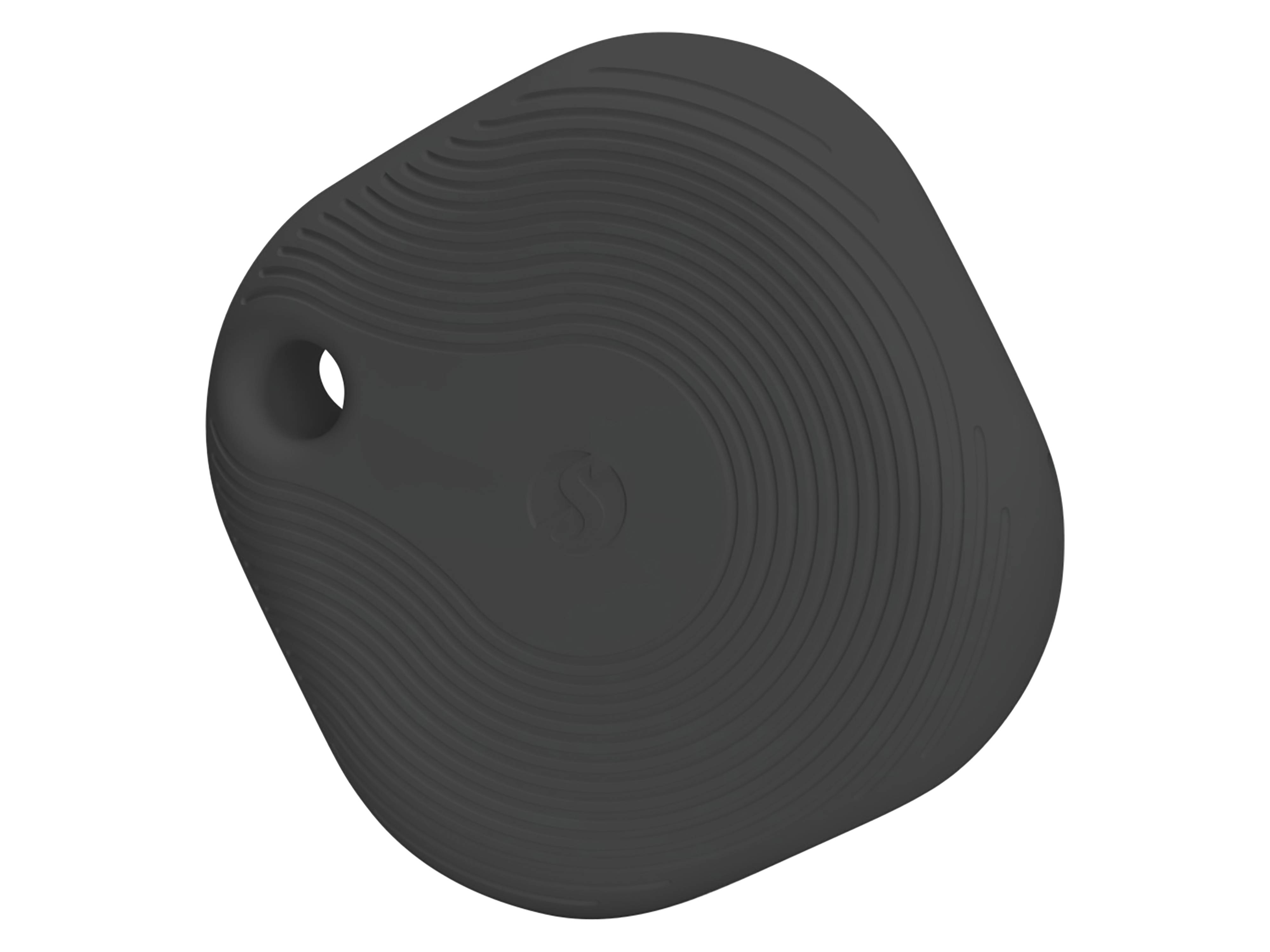 Ein schwarzes, strukturiertes, tropfenförmiges Schlüsselsuchgerät mit einem kleinen Loch oben zur Befestigung.