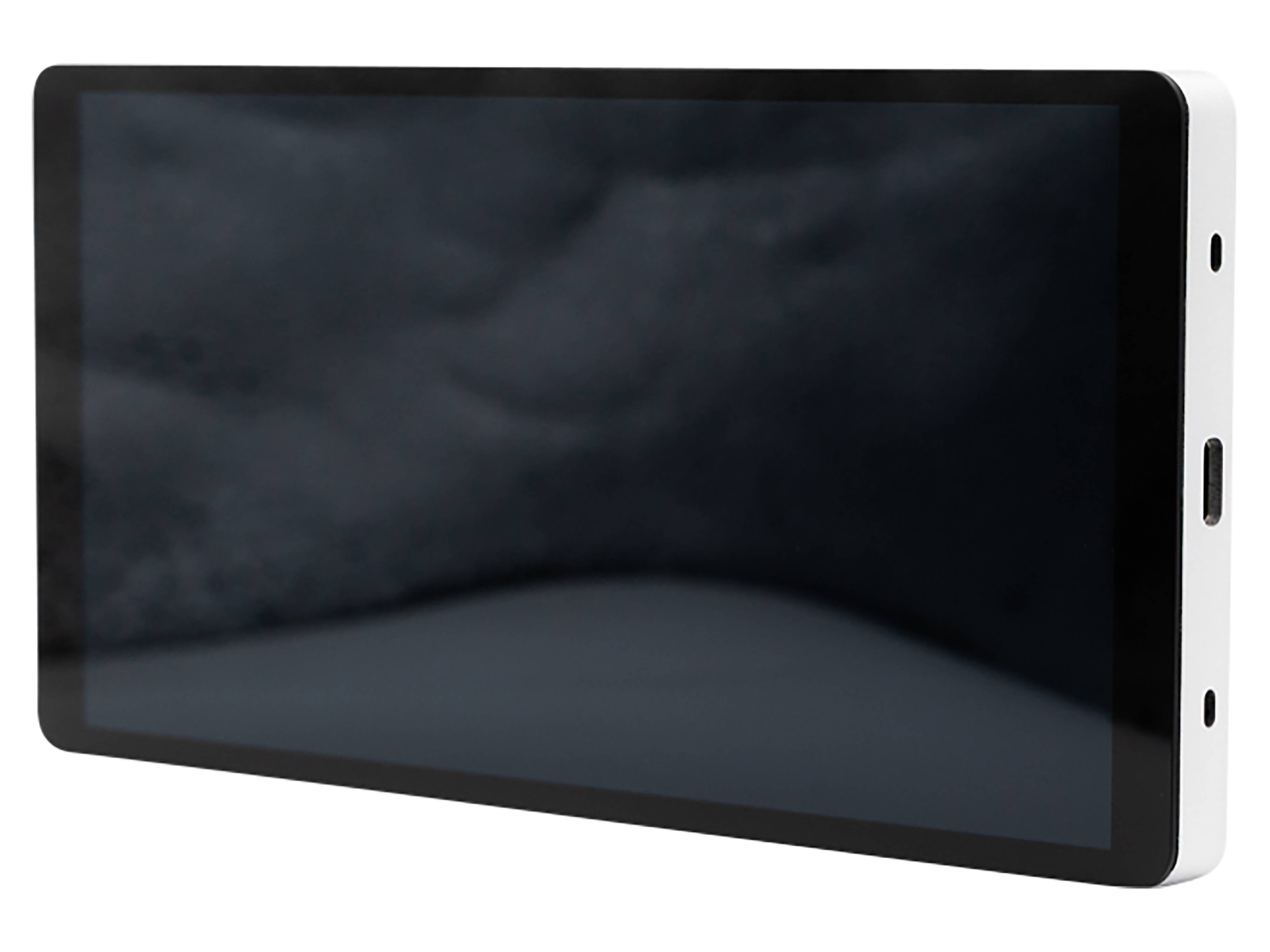 Ein gekrümmter dunkler Bildschirm mit schwarzem Rahmen vor einem leeren Hintergrund.