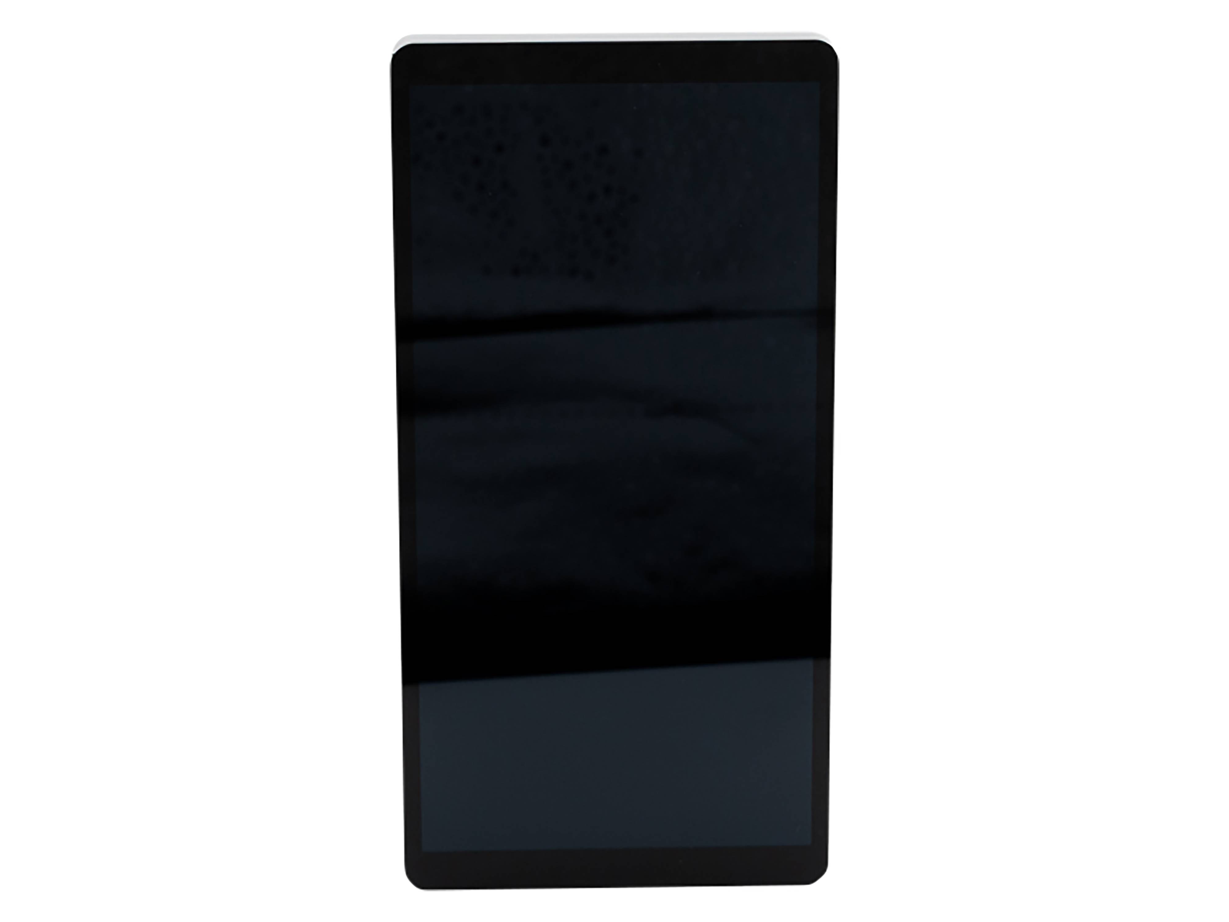 Ein elegantes schwarzes Tablet mit leerem Bildschirm, aufrecht stehend, das modernes Design und minimalistisches Aussehen zur Schau stellt.