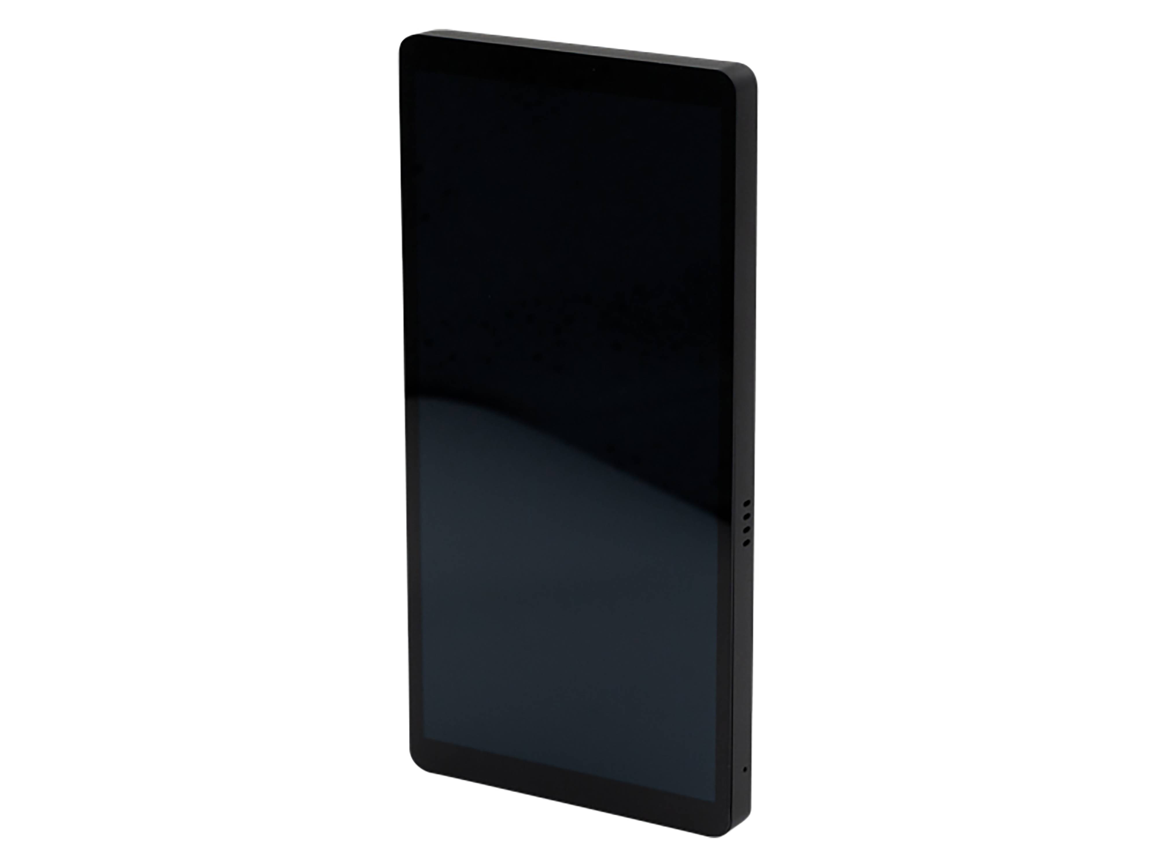Ein vertikaler schwarzer digitaler Bildschirm mit schlankem schwarzem Rahmen, wahrscheinlich ein Tablet oder eine Anzeigetafel, auf einfachen weißem Hintergrund dargestellt.