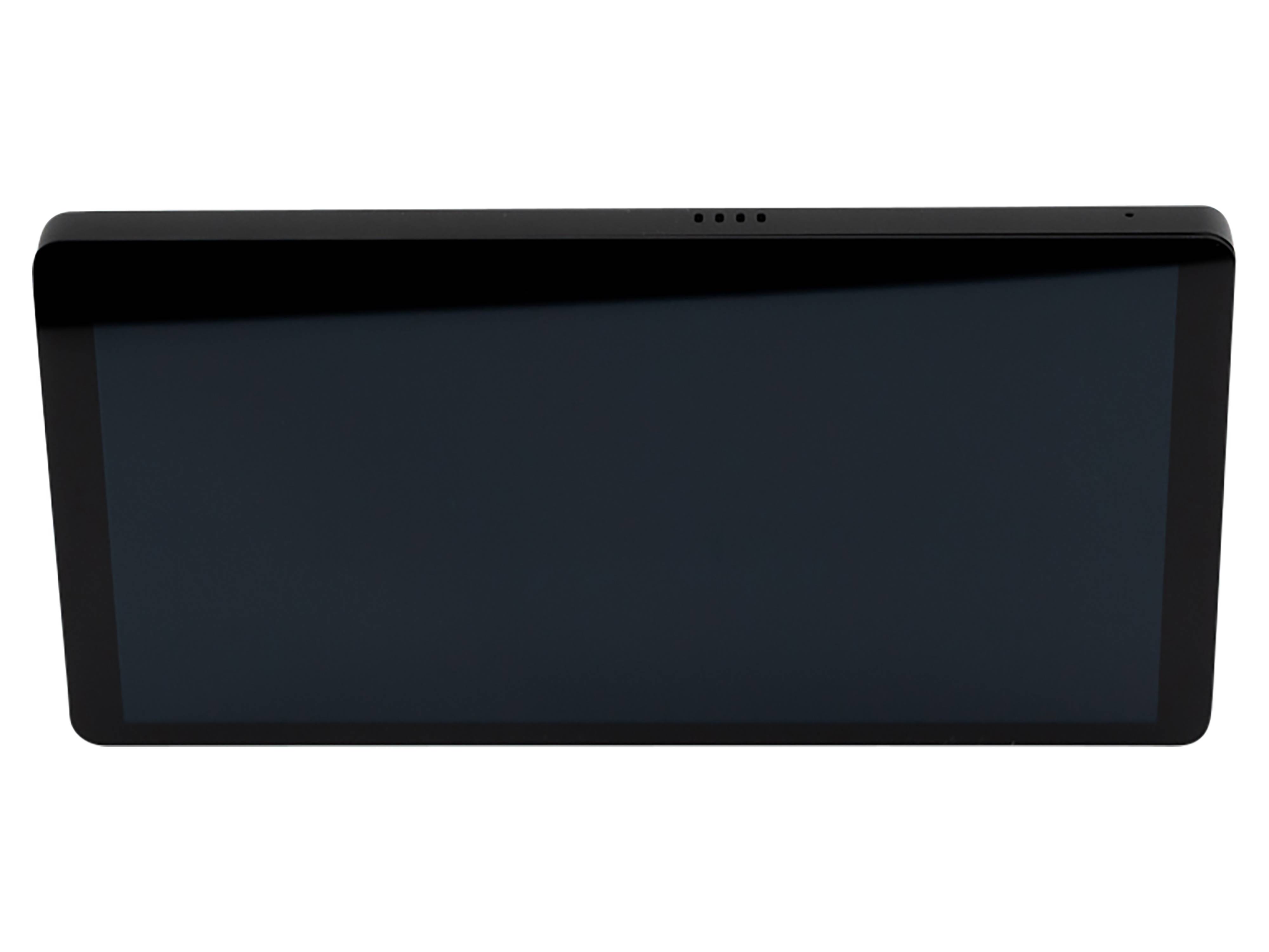 Ein leerer schwarzer Bildschirm eines horizontalen elektronischen Geräts, möglicherweise ein Fernseher oder Monitor, mit einem schlanken Rahmen.