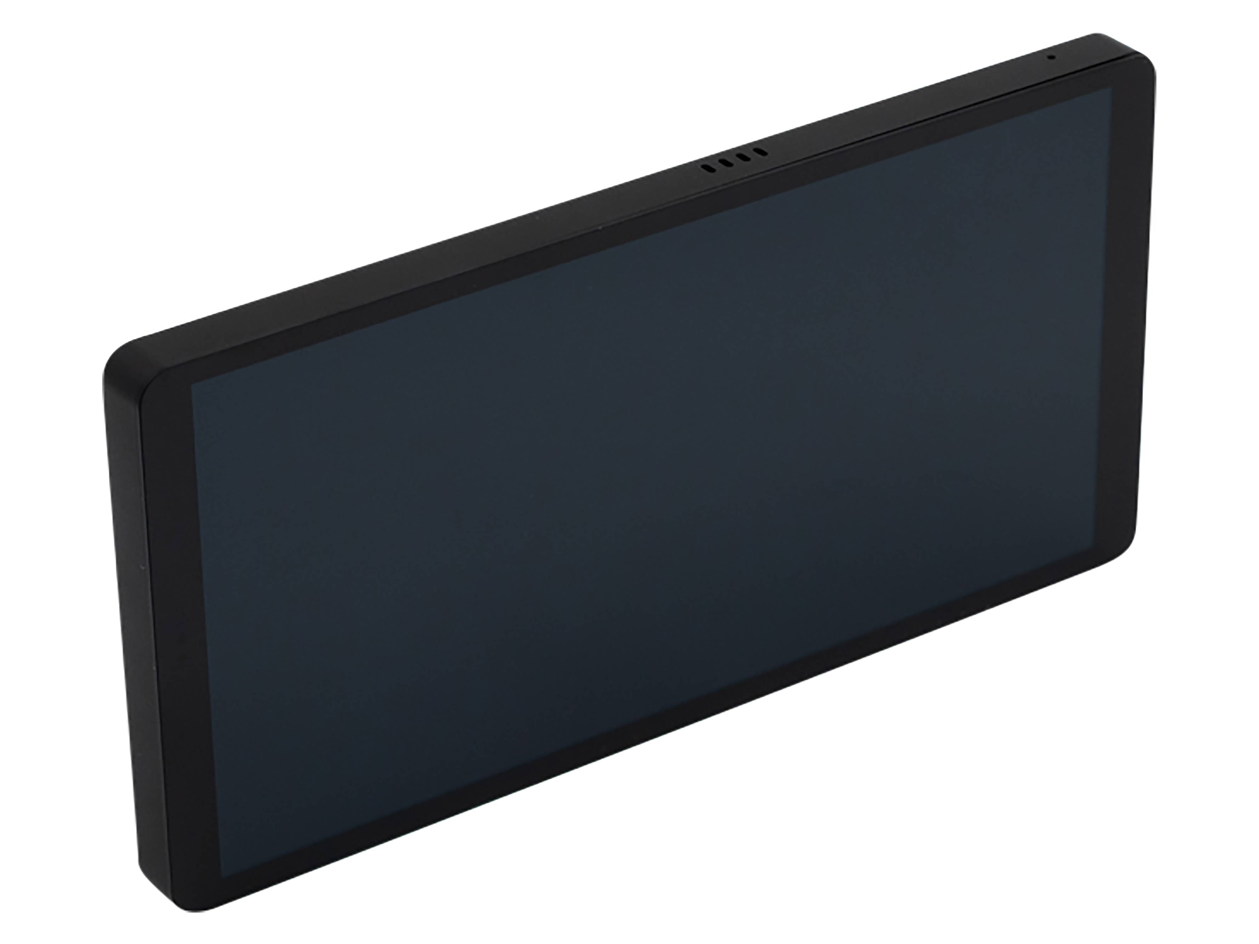 Ein schwarzes, rechteckiges elektronisches Gerät mit einem großen Bildschirm, das einem Tablet oder Monitor ähnelt, aus einer angewinkelten Perspektive dargestellt.