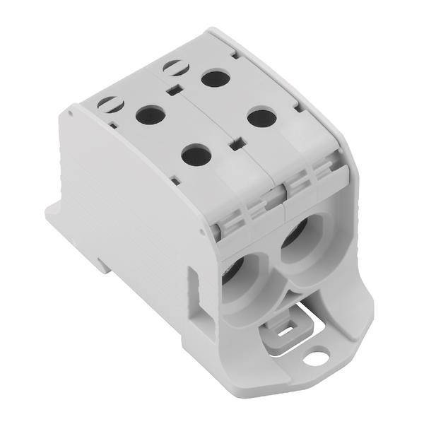 Ein weißer Elektrosteckverbinder mit zwei Kabeleinführungspunkten, entwickelt für die sichere Befestigung an einer Oberfläche.