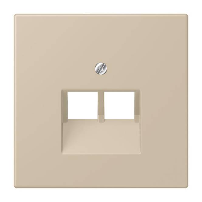 Eine beige Wandplatte mit zwei rechteckigen Aussparungen zum Anschluss von Ethernet-Kabeln.