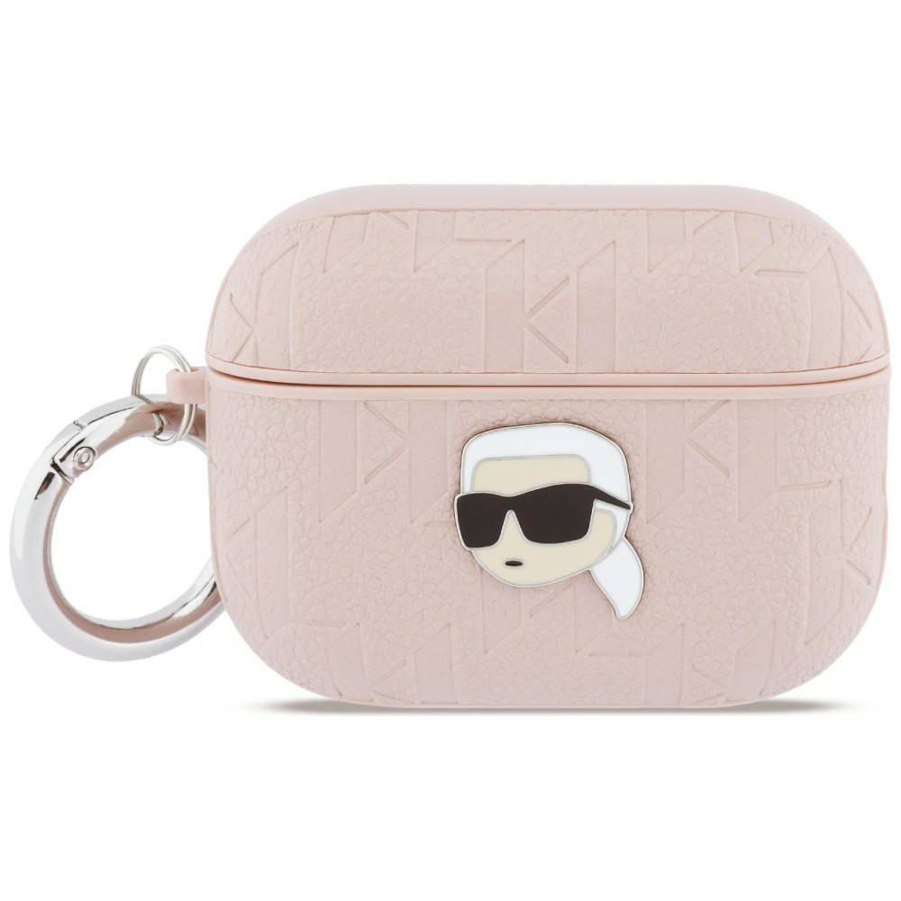 Ein rosa strukturiertes Etui für Kopfhörer mit Schlüsselkettenclip und einer Cartoonfigur mit Sonnenbrille und weißem Haarstil auf der Vorderseite.