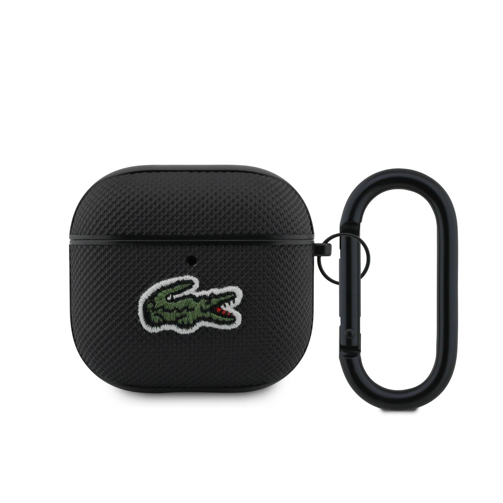 Ein schwarzes AirPods-Etui mit einem Krokodil-Logo und angebrachtem schwarzem Karabinerverschluss.