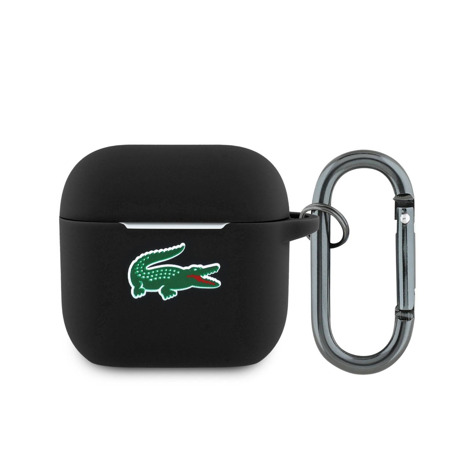 Schwarzes AirPods-Etui mit Alligator-Logo und Metallkarabiner an der Seite befestigt.