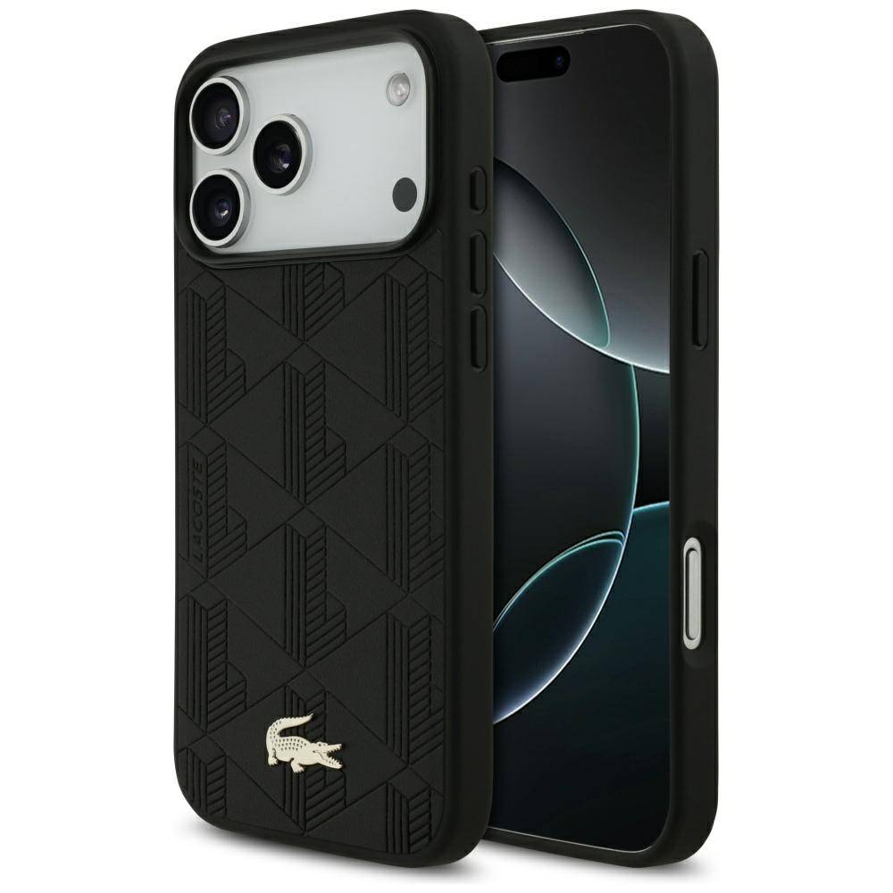 Ein schwarzes Smartphone-Case mit geometrischem Muster und Krokodil-Logo wird auf einem schwarzen Smartphone mit Kameramodul präsentiert.