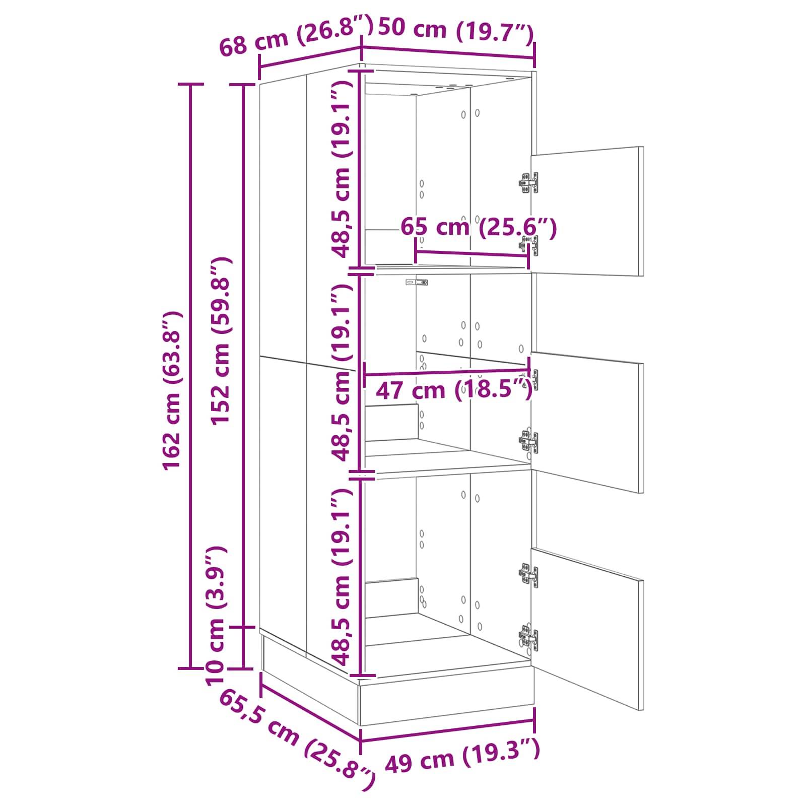 Diagramm eines hohen Schranks mit drei Fächern und offenen Türen. Abmessungen in Zentimetern und Zoll beschriftet: Höhe 162 cm, Breite 68 cm, Tiefe 50 cm.