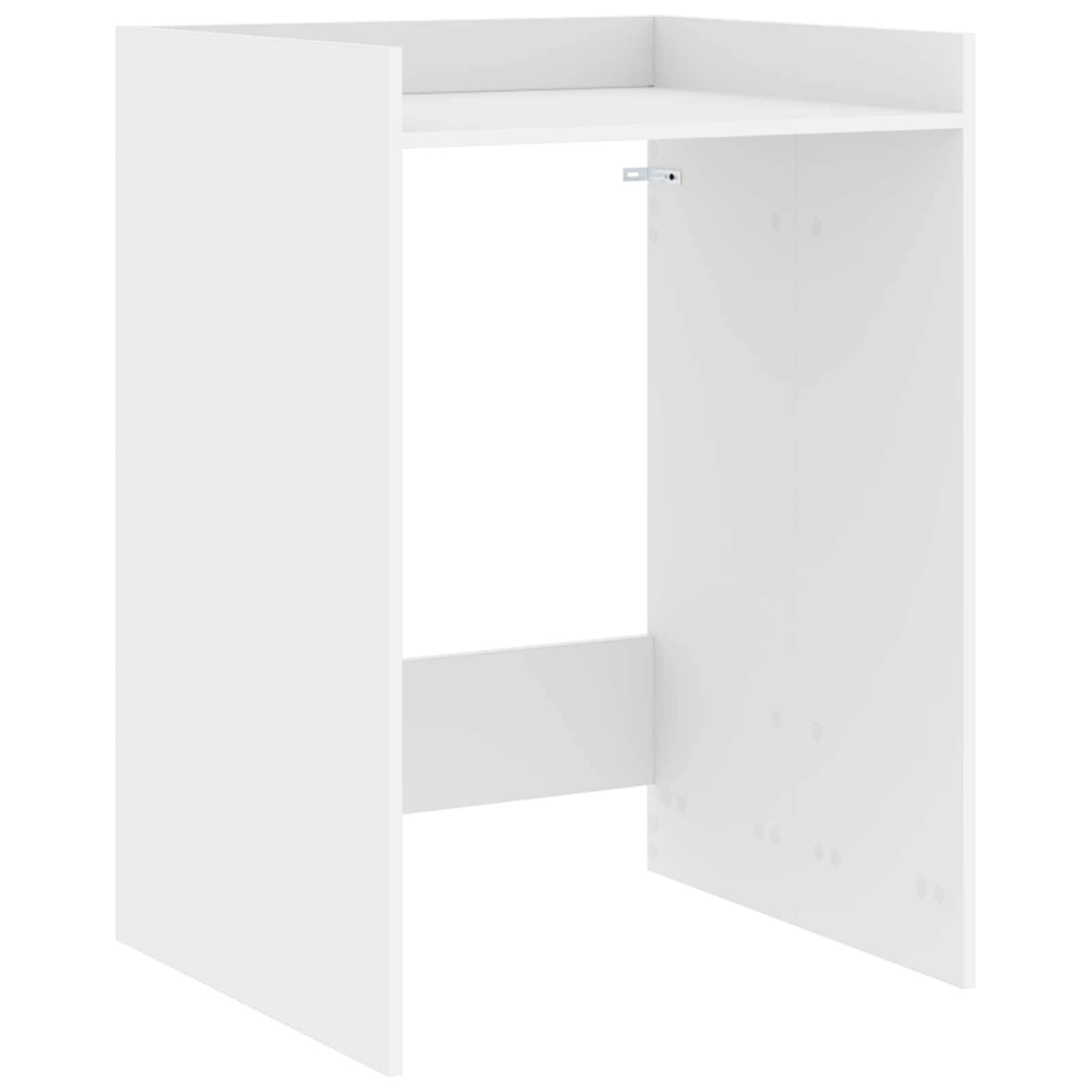 Weiße Schrankbox mit zwei offenen Türen, die ein leeres Inneres und eine Regalbefestigungsschiene zeigen.