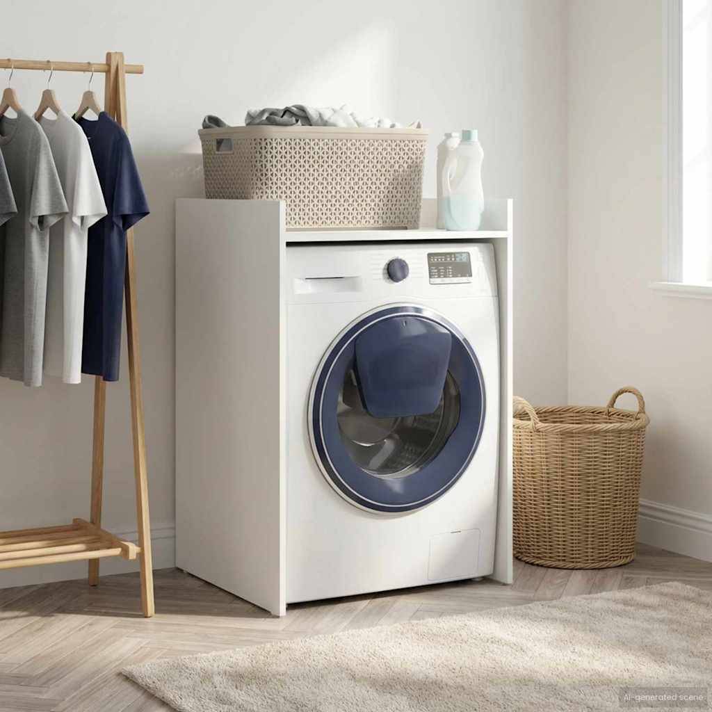Wäschenische mit Frontladewaschmaschine, Korbaufbewahrung, Kleiderstange und Wäschekorb in einem hellen, minimalistischen Raum
