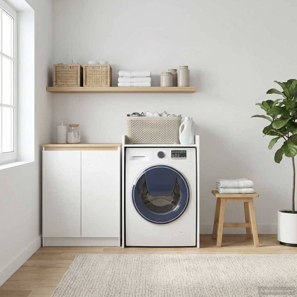 Minimales Wäschezimmer mit Frontlader-Waschmaschine, Lagerschrank und Regal, Körben, gefalteten Handtüchern, Hocker, Pflanze und Teppich.