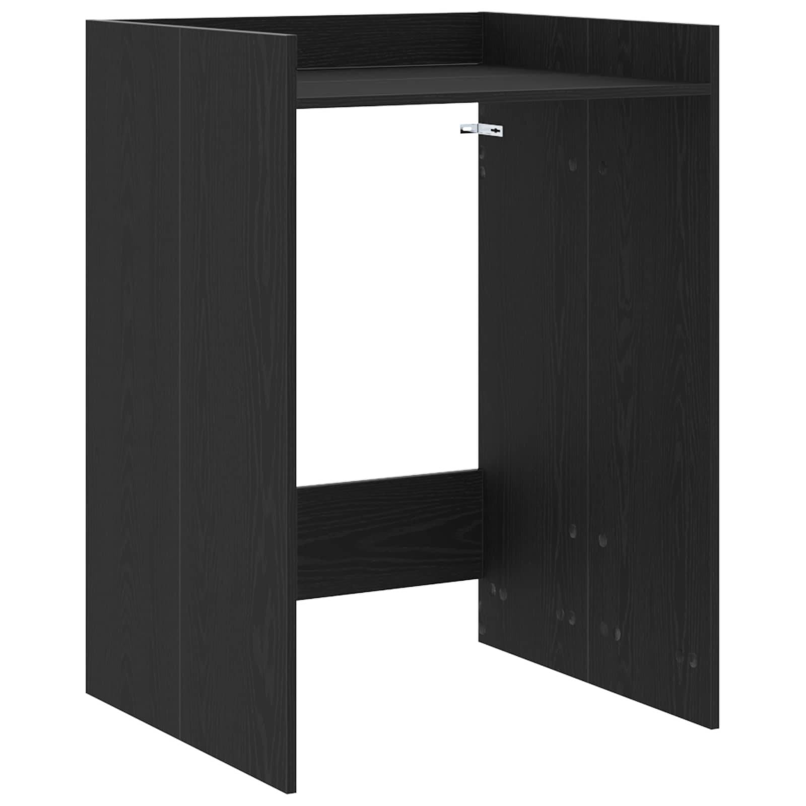 Ein schwarzer Holzschreibtischrahmen mit offener Vorderseite, der Paneele an den Seiten und oben zeigt. Keine Schubladen oder Regale sind sichtbar.
