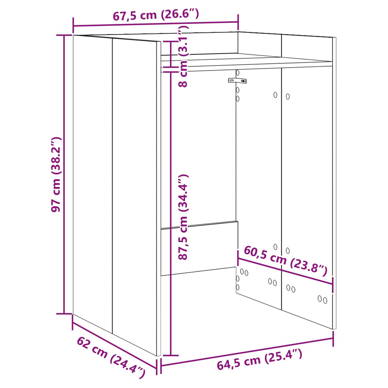 Diagramm der Maße eines Kleiderschranks: Höhe 97 cm, Tiefe 62 cm, Breite 67,5 cm. Regale: 87,5 cm hoch, 64,5 cm breit. Türbreite: 60,5 cm.