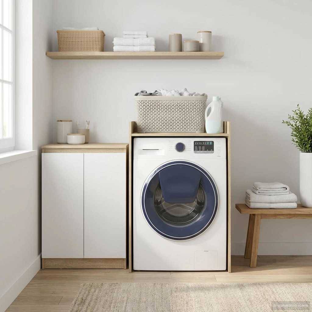 Ein modernes Waschzimmer mit einer Frontlader-Waschmaschine unter einem Regal, das einen Wäschekorb und Waschmittel hält, neben einem kleinen Schrank und einer Pflanze.