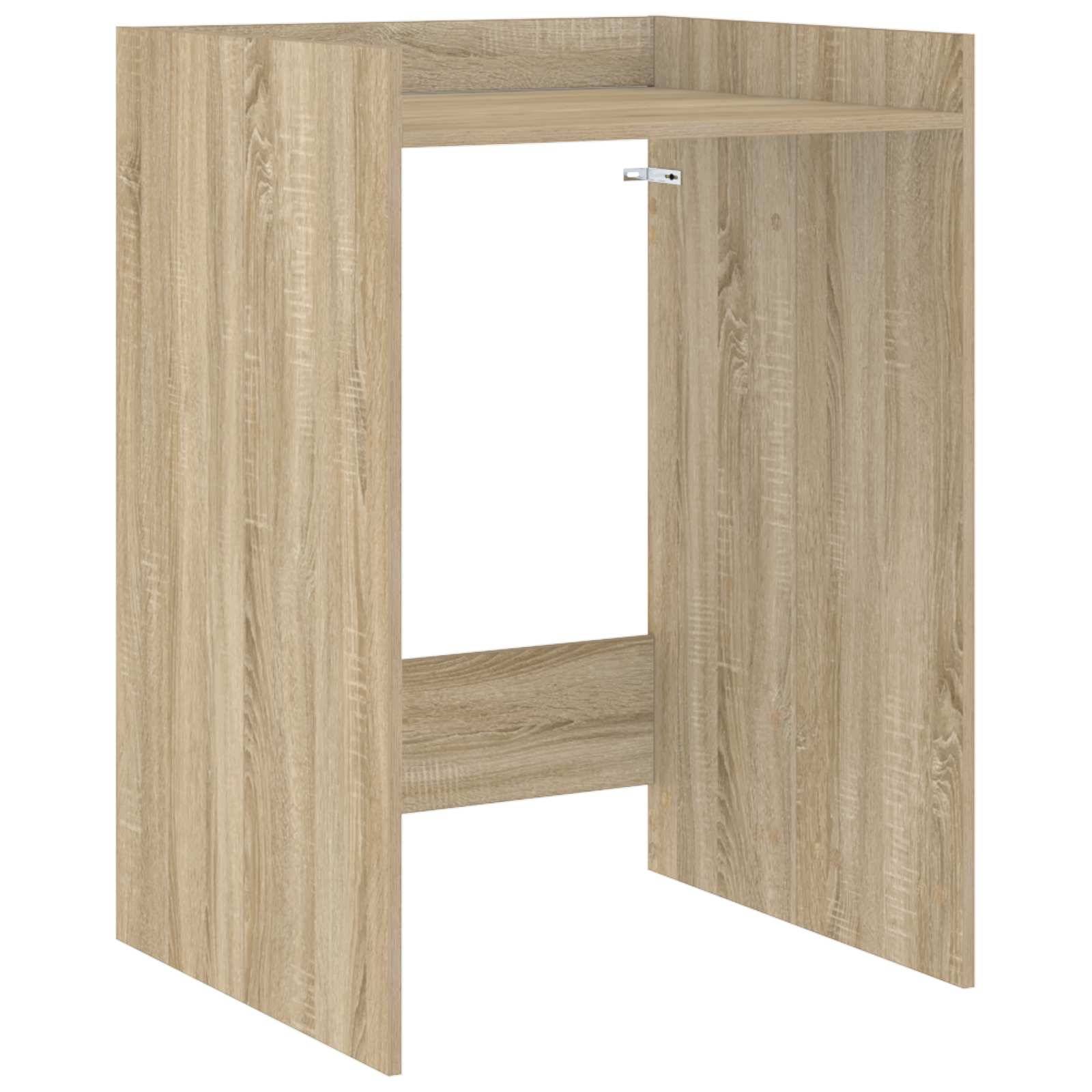 Ein Holzschrankrahmen mit offener Vorderseite, der ein Regal oben und einen offenen Raum unten zeigt, entworfen für Küchen- oder Gebrauchszwecke.