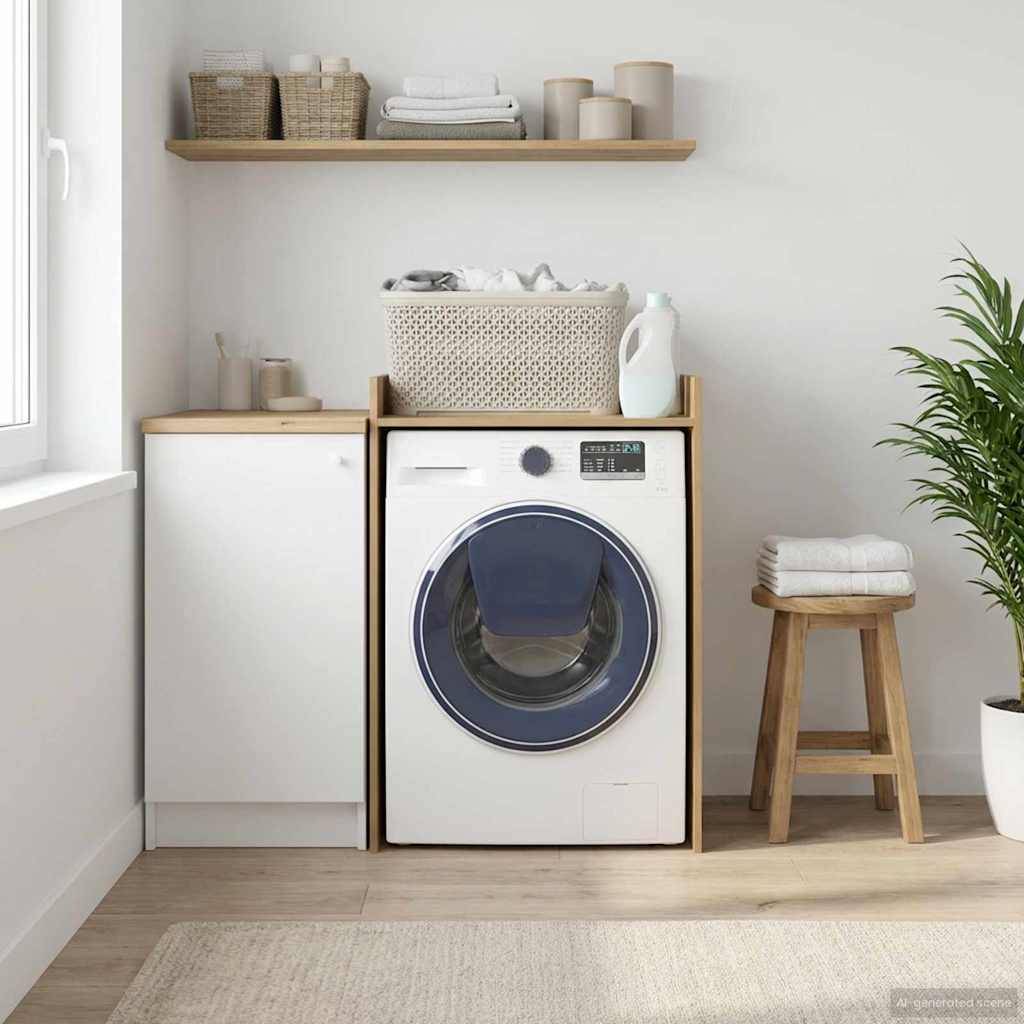 Ein modernes Waschzimmer verfügt über eine Frontlader-Waschmaschine, ordentlich organisierte Regale mit Körben und einen Hocker mit einer Topfpflanze in der Nähe.