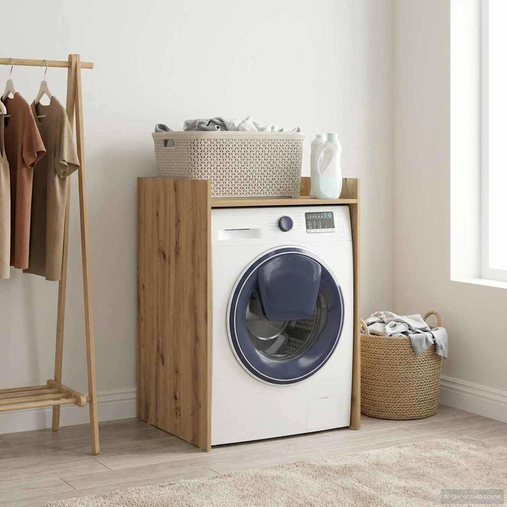 Ein modernes Waschzimmer mit einer Frontlader-Waschmaschine in einem Holzrahmen. Kleidungsstücke hängen an einem Ständer, und ein Korb steht oben drauf.