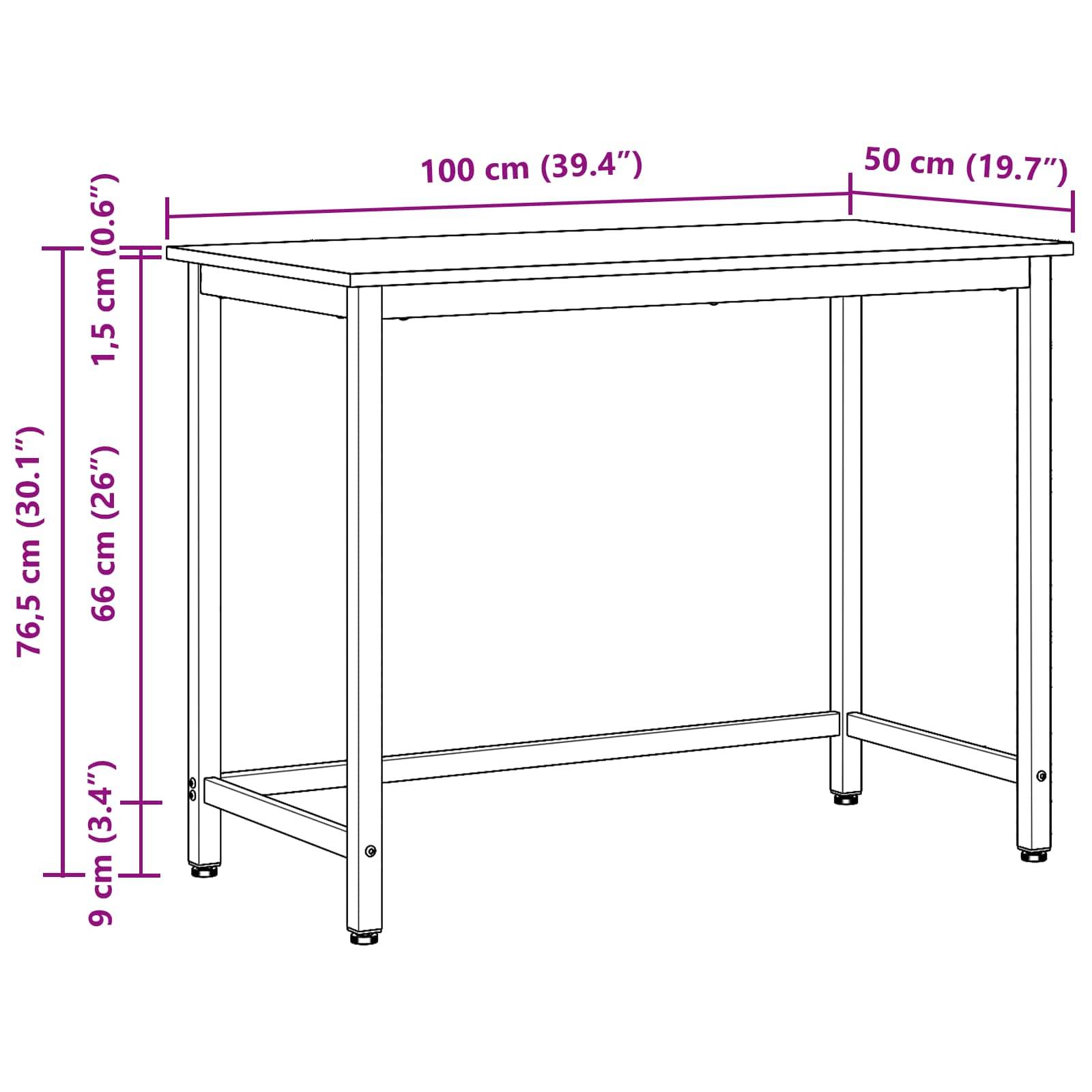 Eine Strichzeichnung eines Tisches mit Maßangaben: Höhe 76,5 cm, Breite 100 cm, Tiefe 50 cm. Zusätzliche Abmessungen von Beinen und Tischplatte vermerkt.