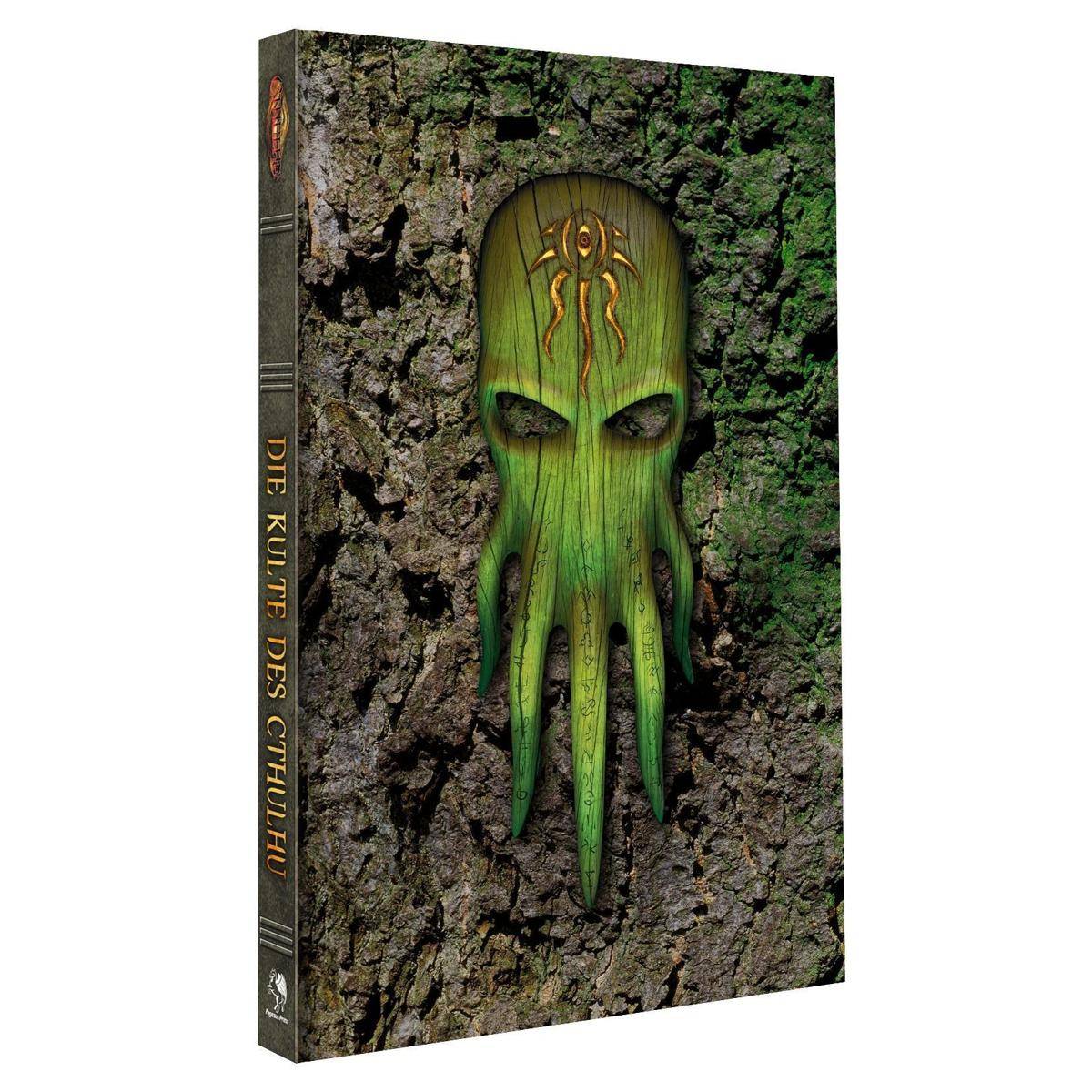 Eine grüne, holztexturierte Maske mit einem gesichtähnlichen Aussehen und Tentakeln, befestigt an einem Buchcover mit dem Titel „Die Kulte Des Cthulhu