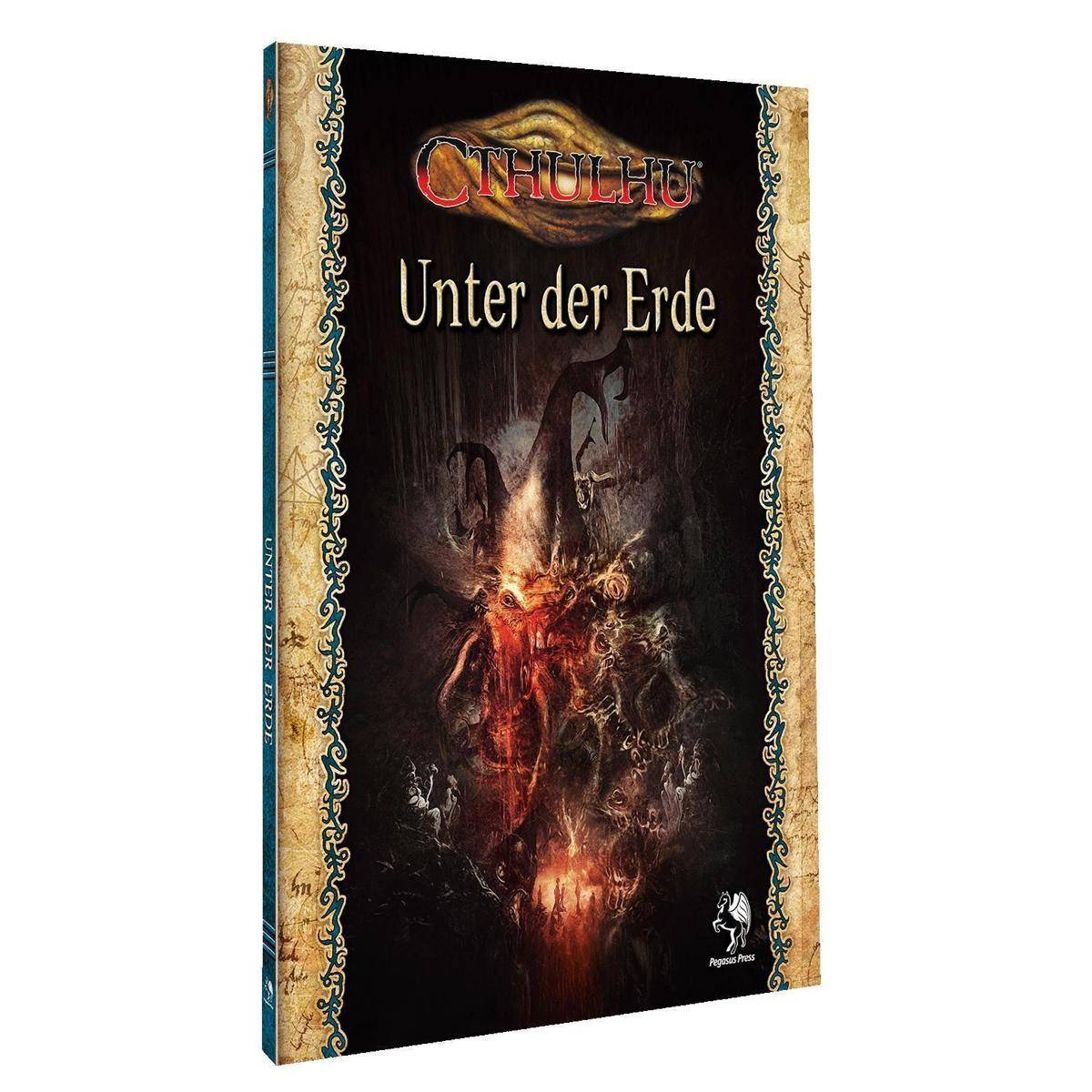 Umschlag von Cthulhu: Unter der Erde' mit einer dunklen, unheimlichen Illustration eines Monsters unter der Erde mit Flammen und Schatten.