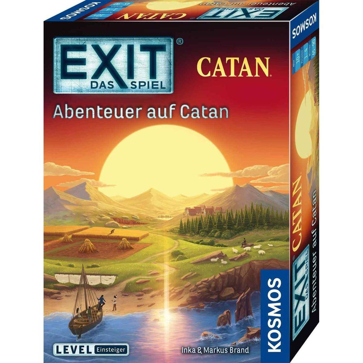 EXIT Das Spiel: Abenteuer auf Catan' Brettspielbox zeigt einen Sonnenuntergang über Bergen und Feldern mit einem Schiff im Vordergrund.