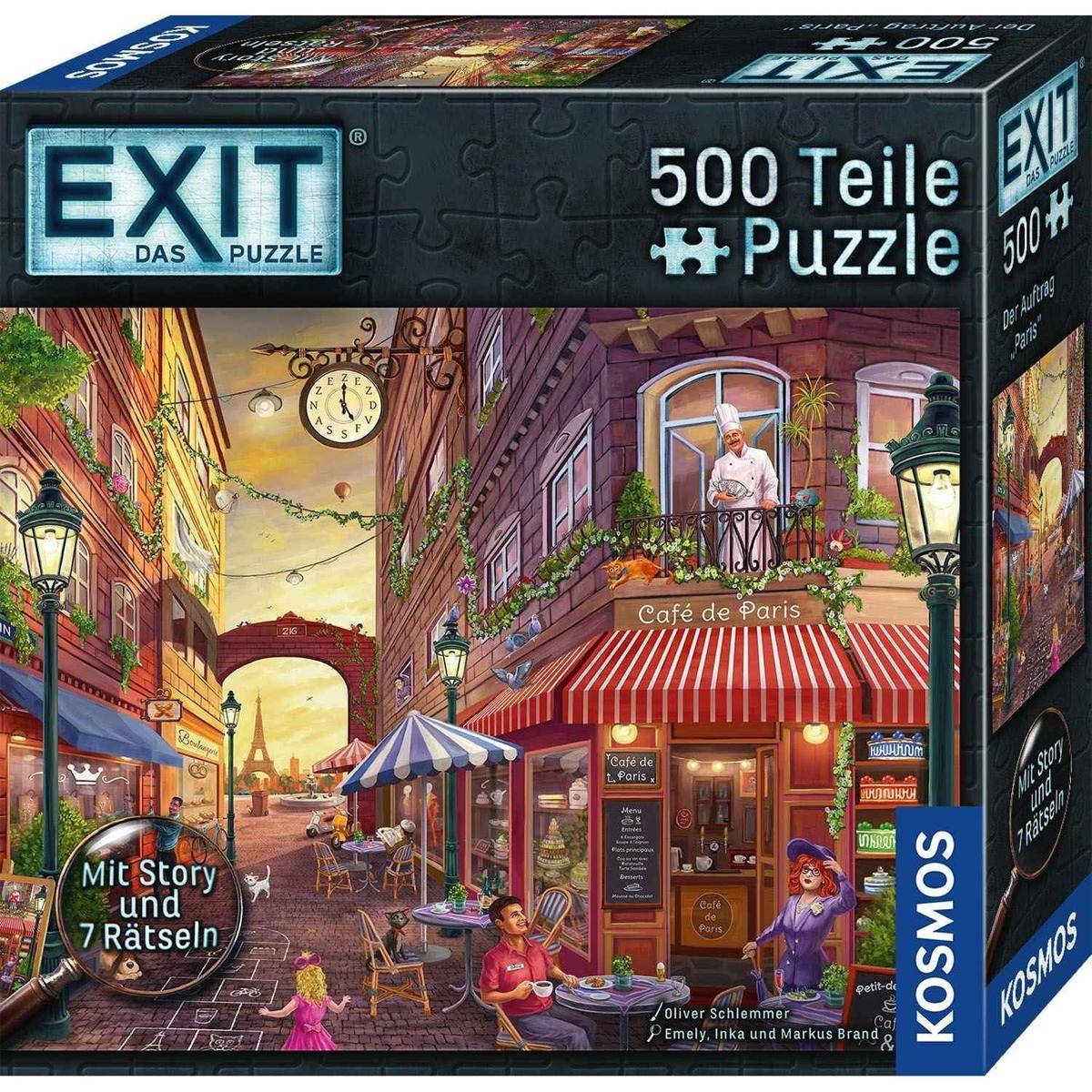 Puzzle-Box mit einer illustrierten Straßenszene mit einem Café, Menschen und Fahrrädern. Text auf dem Bild: '500 Teile Exit Puzzle', 'Café de Paris'.