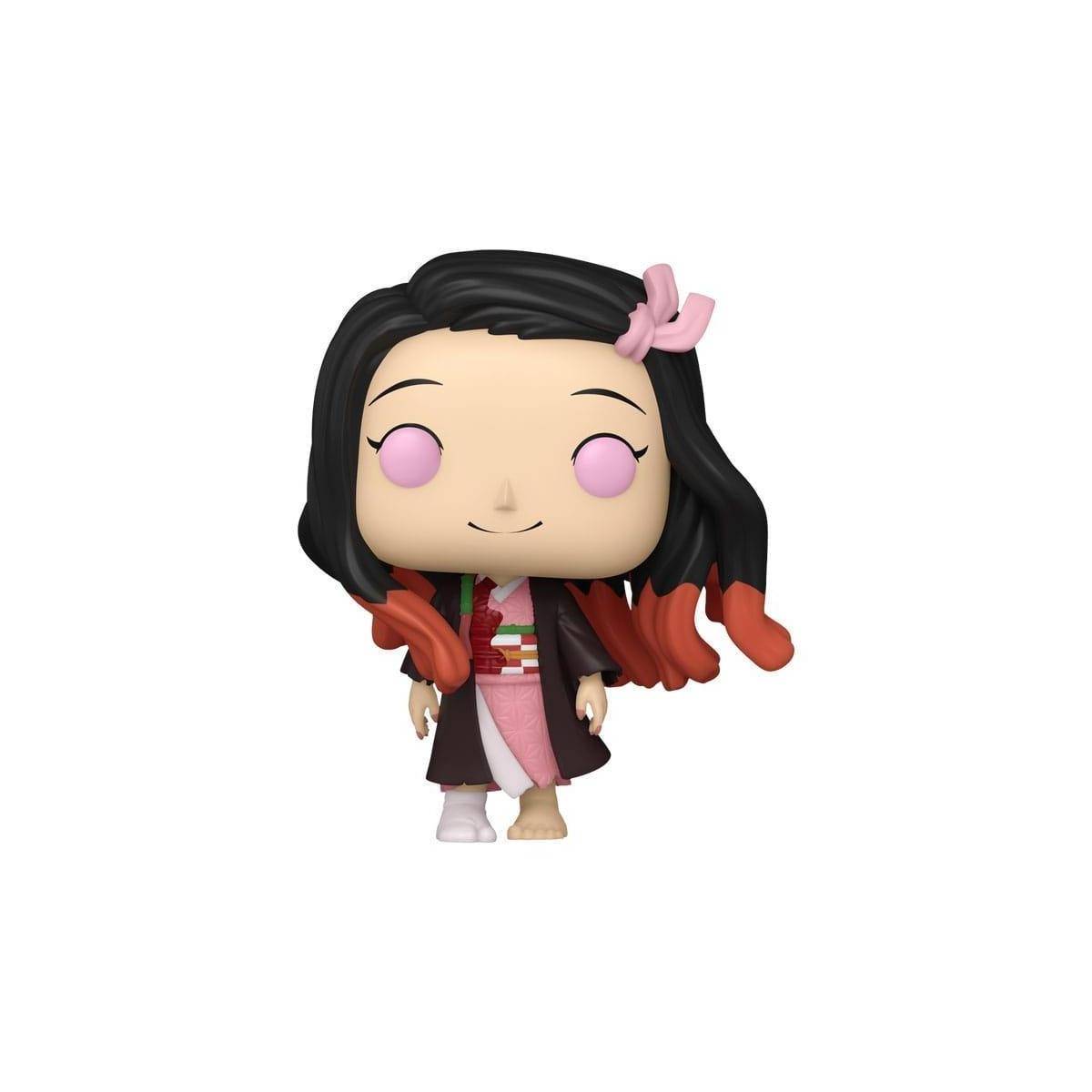 Eine stilisierte Vinyl-Figur mit langem schwarzem Haar, rosa Schleife und rosa und brauner Kleidung, die einer animierten Figur ähnelt.