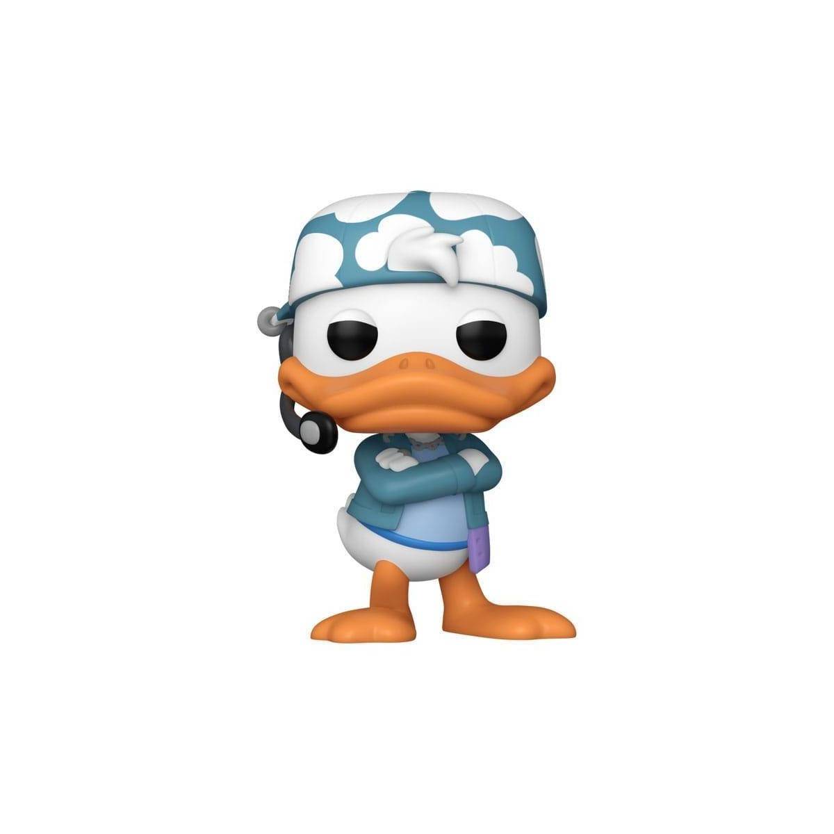 Funko Pop Figur einer Cartoon-Ente, die einen blau-weiß gemusterten Hut mit Wolkenmuster und ein passendes Outfit trägt, mit verschränkten Armen.