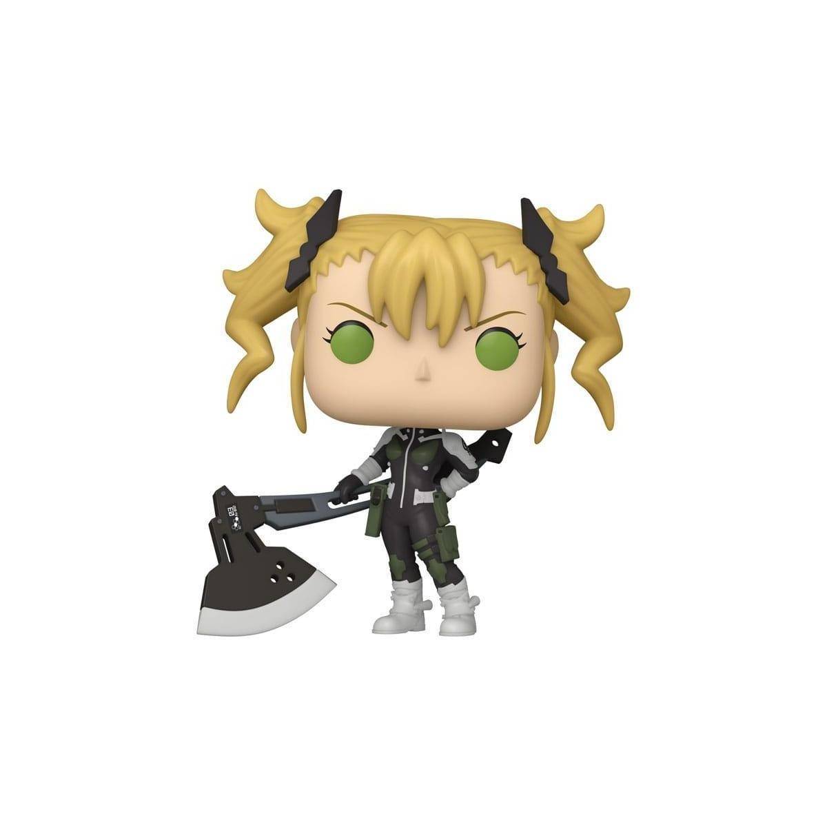 Eine Vinyl-Figur mit blondem Haar und grünen Augen, die eine große Axt hält und ein Schwarz-Weiß-Outfit mit grünen Akzenten trägt.