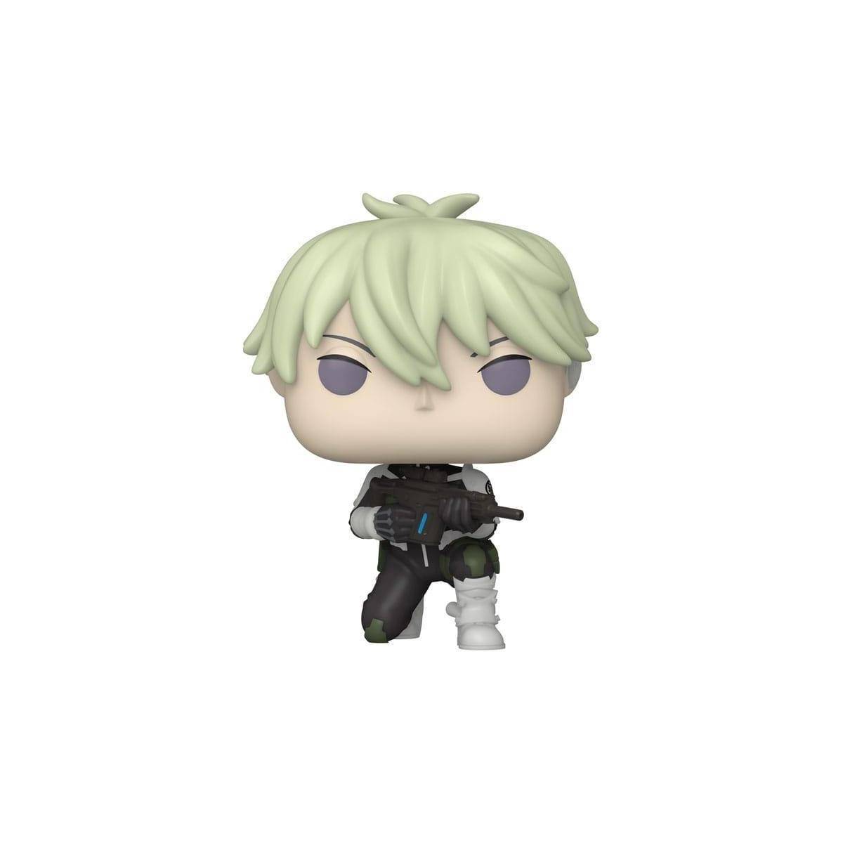 Eine Chibi-Figur mit hellgrünem Haar ist in Schwarz und Weiß gekleidet, hält eine schwarze Waffe in der Hand und steht vor einem schlichten weißen Hintergrund.
