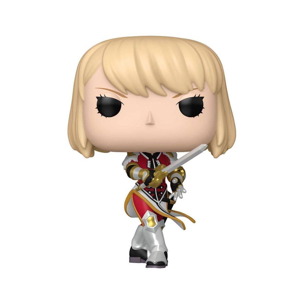 Eine stilisierte Figur mit blondem Haar in einer rot-schwarzen Uniform, die ein Schwert hält. Die Pose deutet auf eine Kampf- oder Kampfhaltung hin.