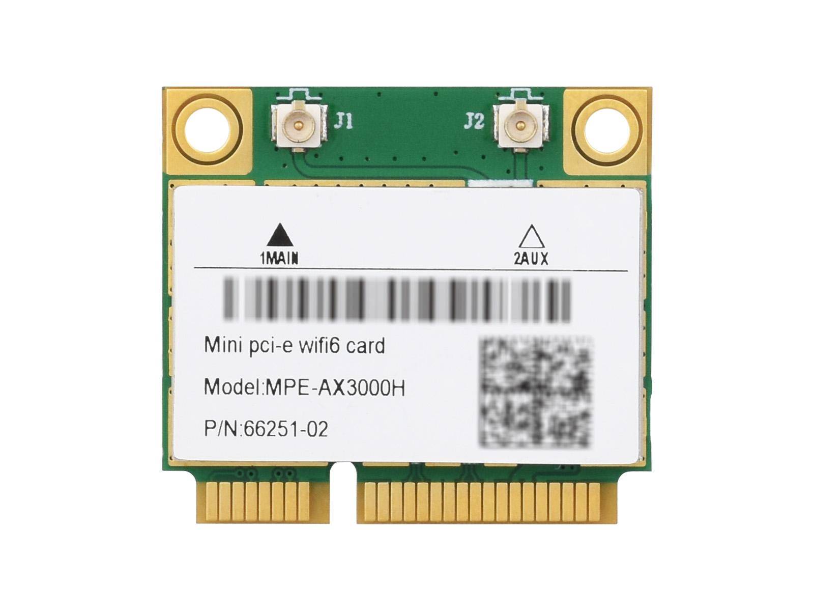 Eine Mini PCI-E Wi-Fi 6E Karte mit der Bezeichnung „Model: MPE-AXE3000H, MU-MIMO BT 5.3