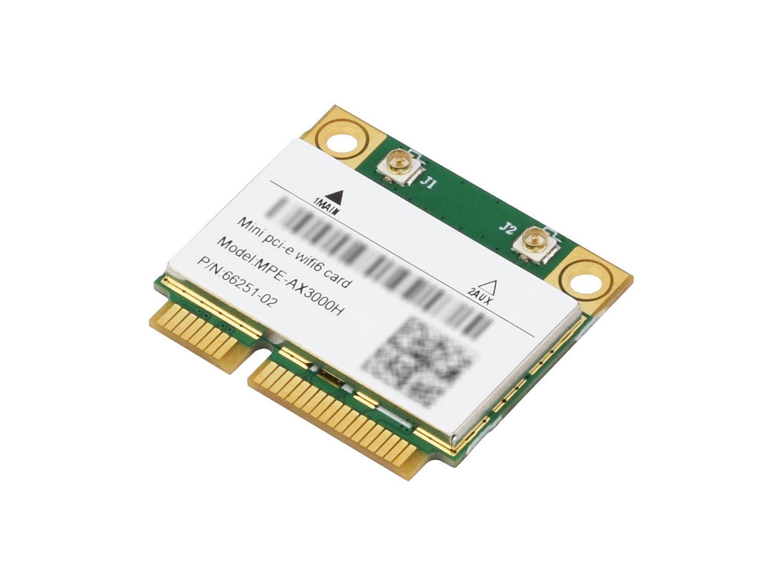 Eine Mini-PCI-E-WLAN-Karte mit zwei Antennenanschlüssen und der Bezeichnung „Modell: MRX-AX3000H