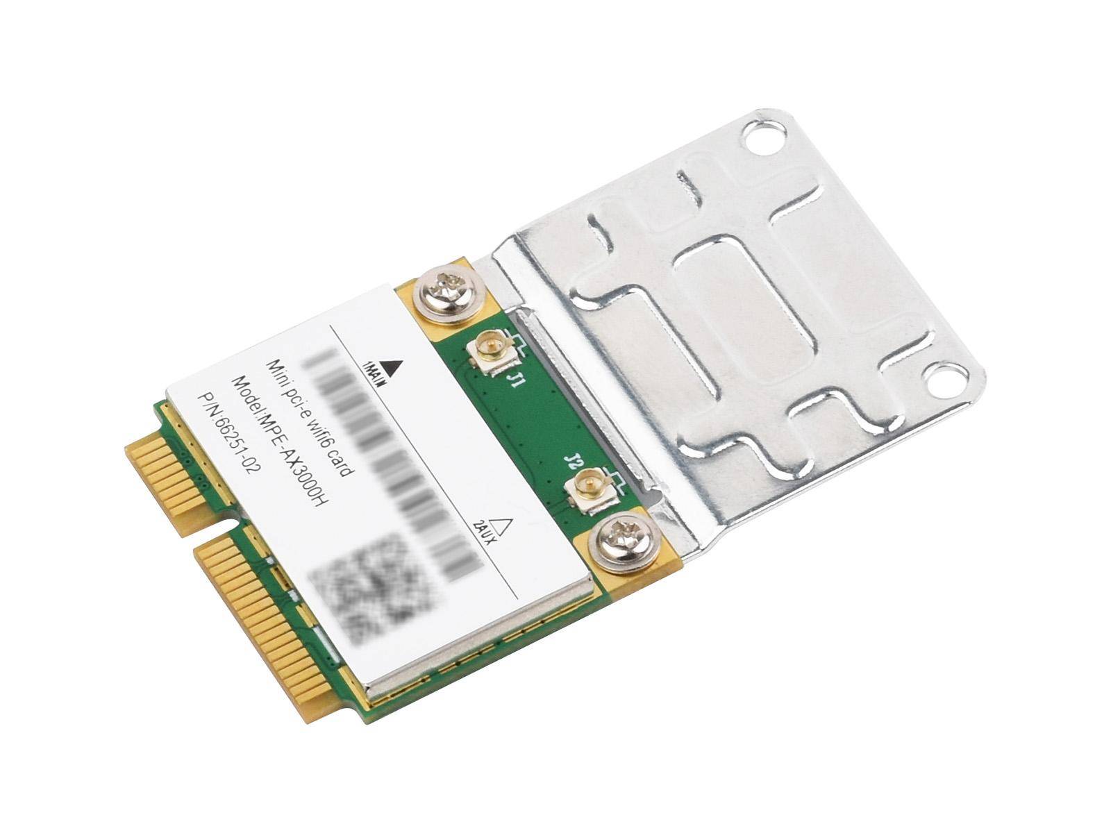Eine Mini-PCIe-WLAN-Karte mit Metallhalterung, Modell MPE-AX3000H.